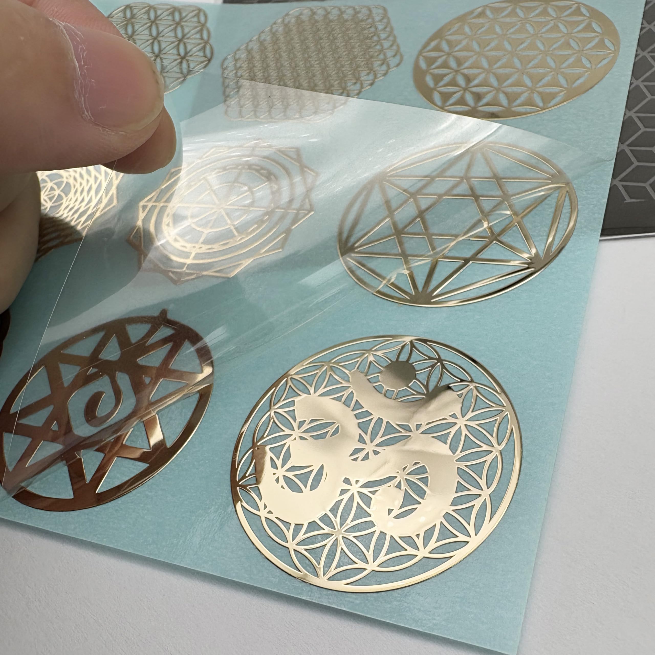 Flower of Life Orgonite sticker gold plated – side angle