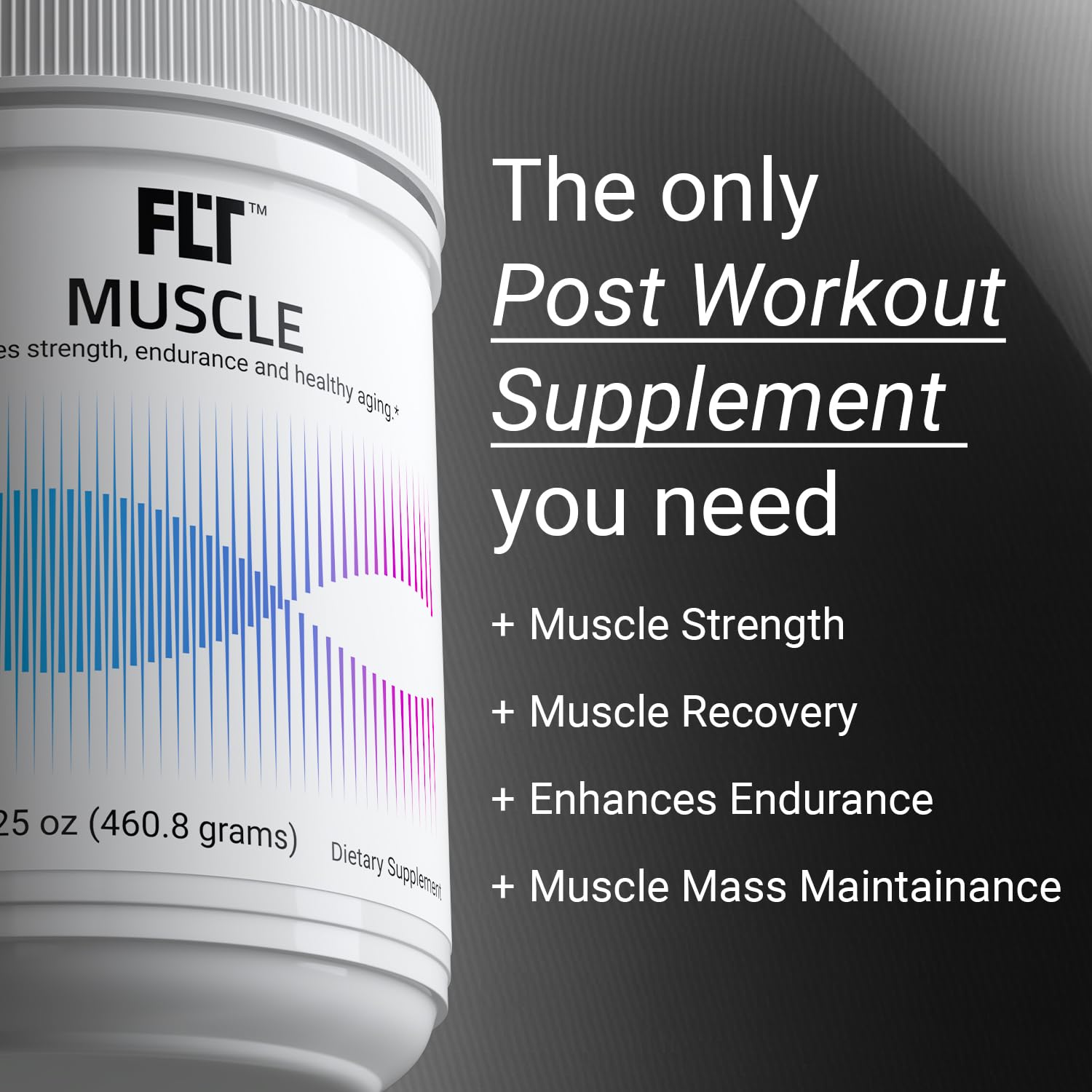 FLT Muscle scoop measures powder for convenient daily dosing.
