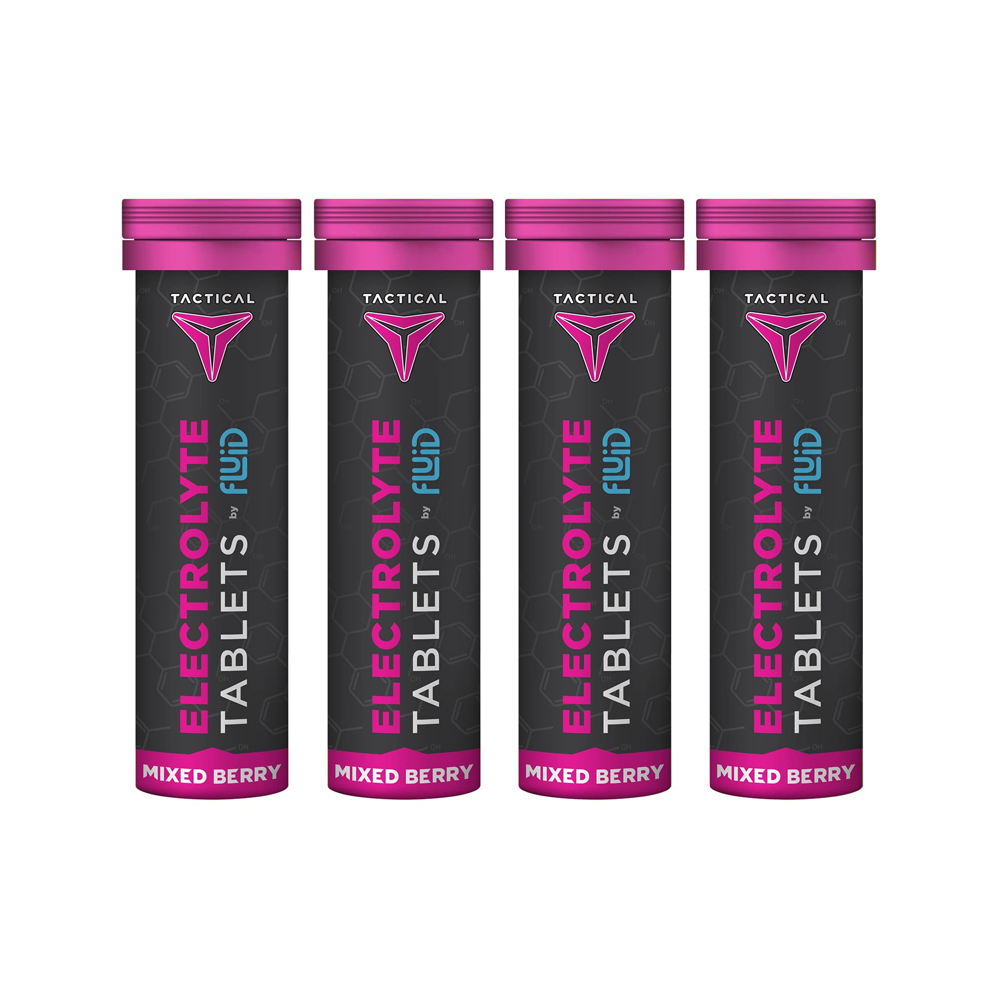 Fluid Tactical 40-count tablets in a mixed-berry bottle for on-the-go hydration