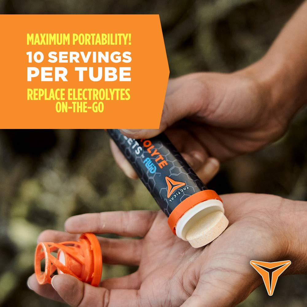 Fluid Tactical tablets dissolving in water showing mixed-berry hydration