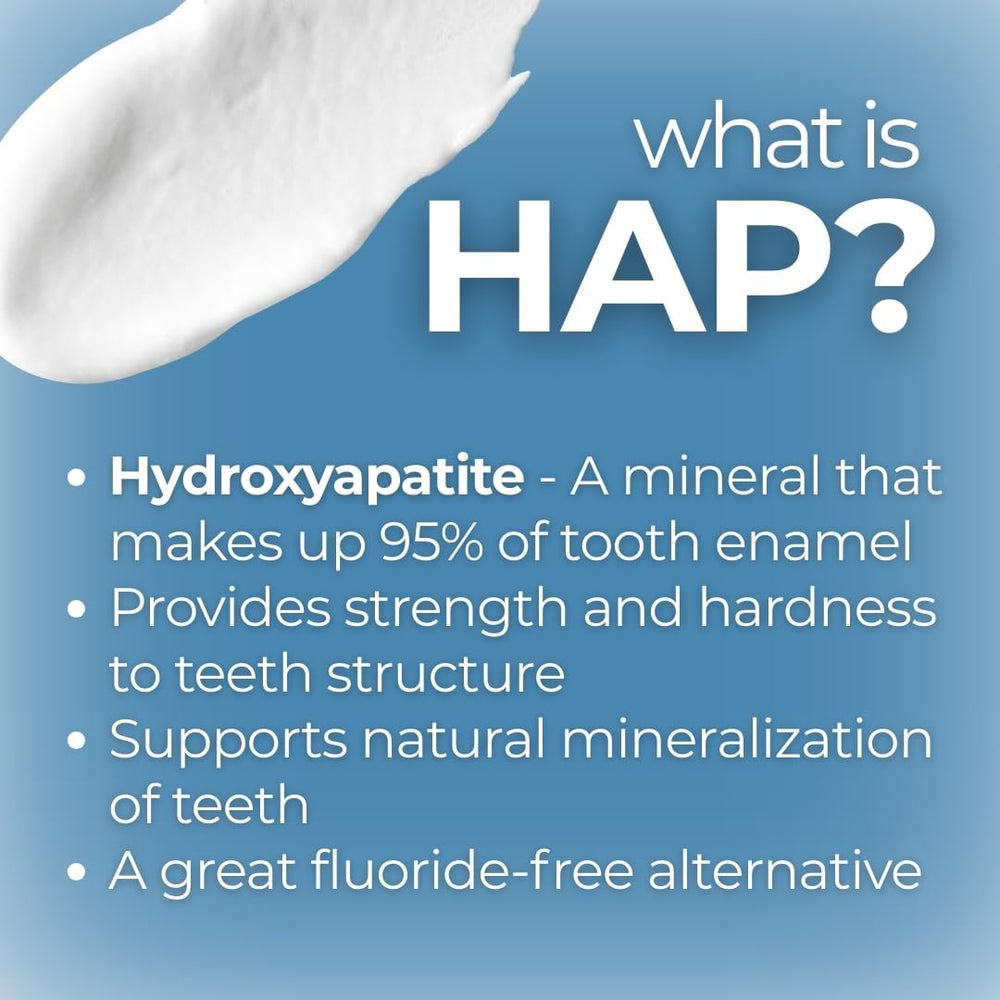 Icons indicating fluoride-free, SLS-free, and parabens-free