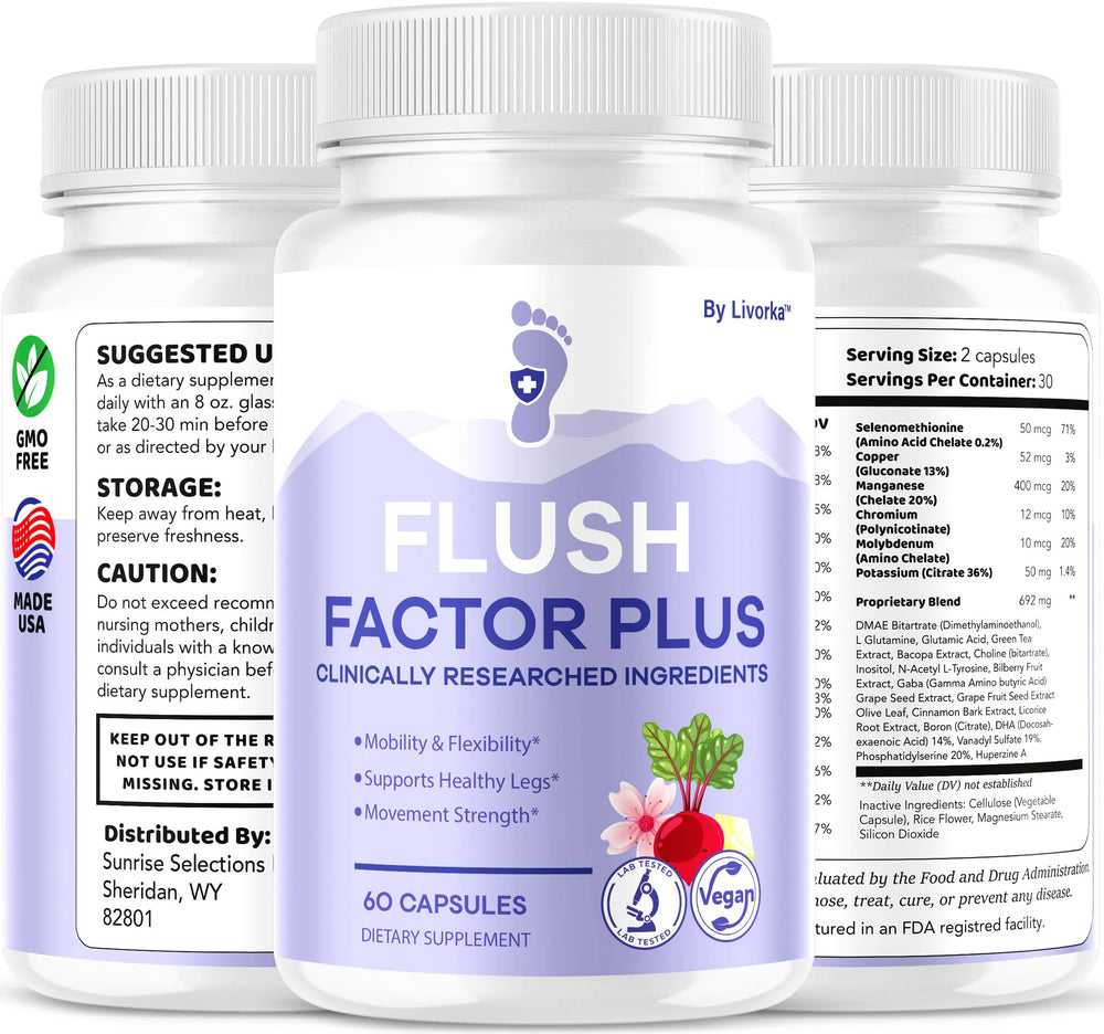 Two Flush Factor Plus capsules next to a glass of water