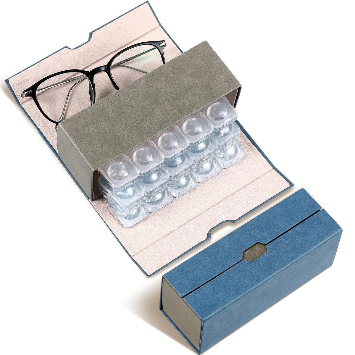 Flutesan blue 2-in-1 daily contact lens case and glasses organizer - front view