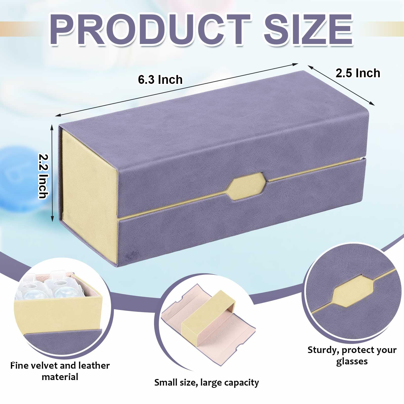 Purple leather travel case open showing dual compartments for lenses and glasses