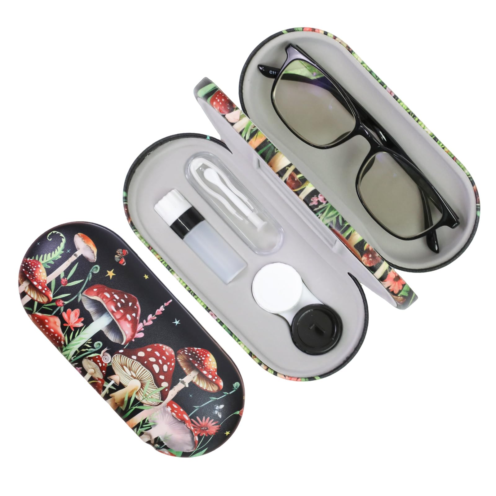 Front exterior view of FlyingMage 2-in-1 eyeglasses and contact lens case in black mushroom finish