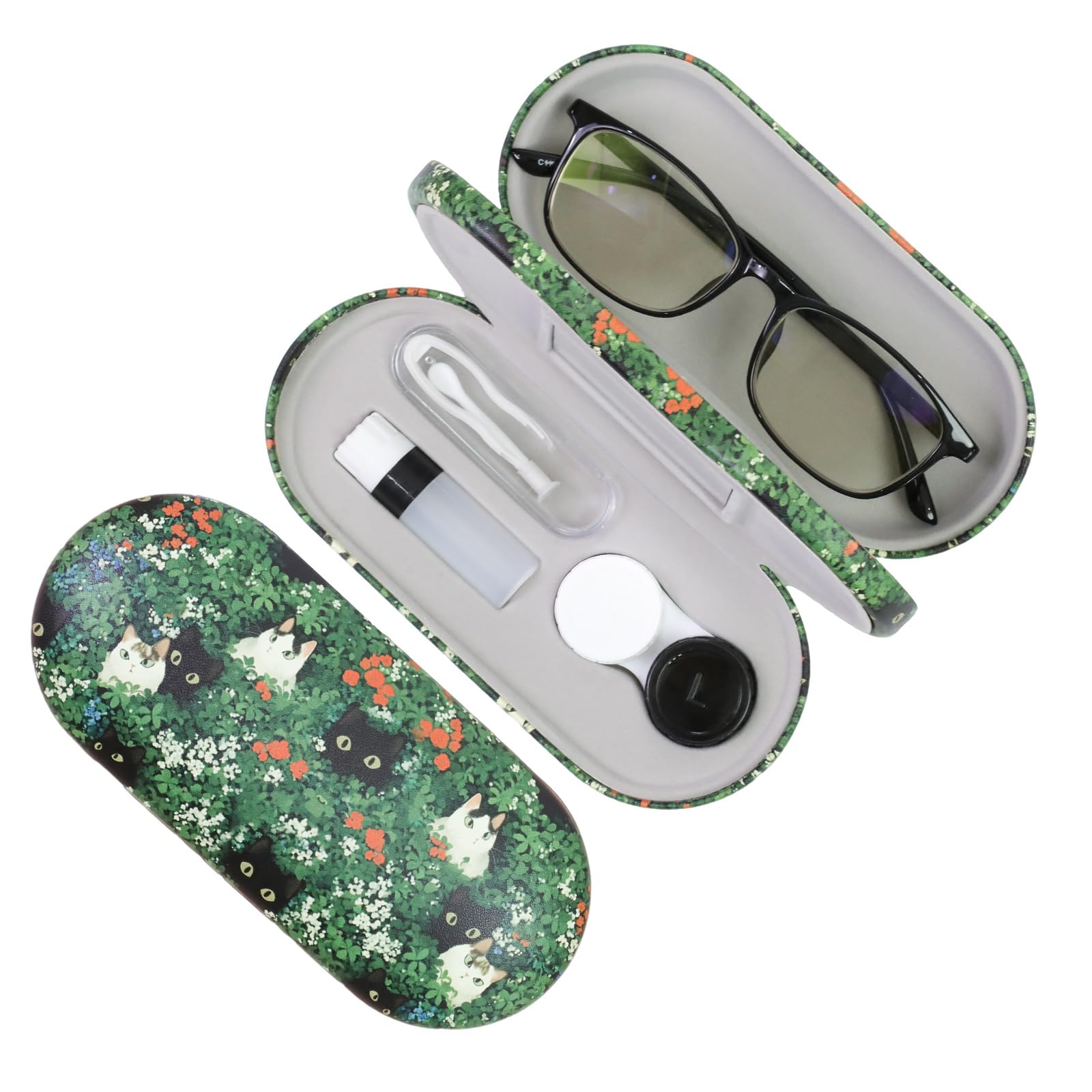 FlyingMage 2-in-1 contact lens case and glasses case with green cat design (closed)