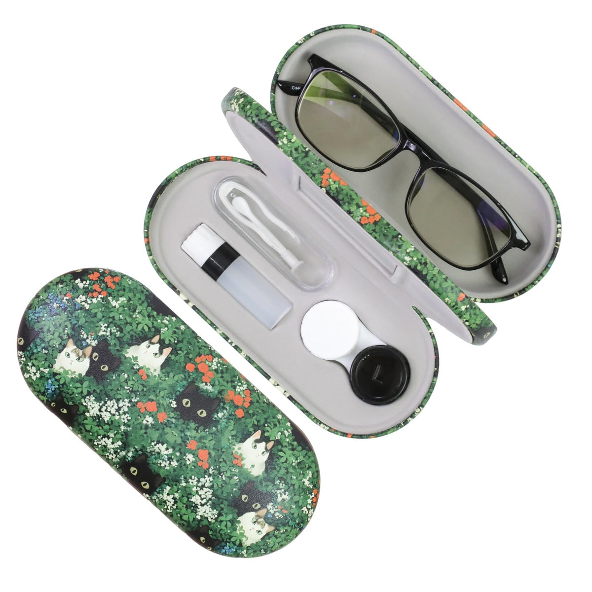 FlyingMage 2-in-1 contact lens case and glasses case with green cat design (closed)