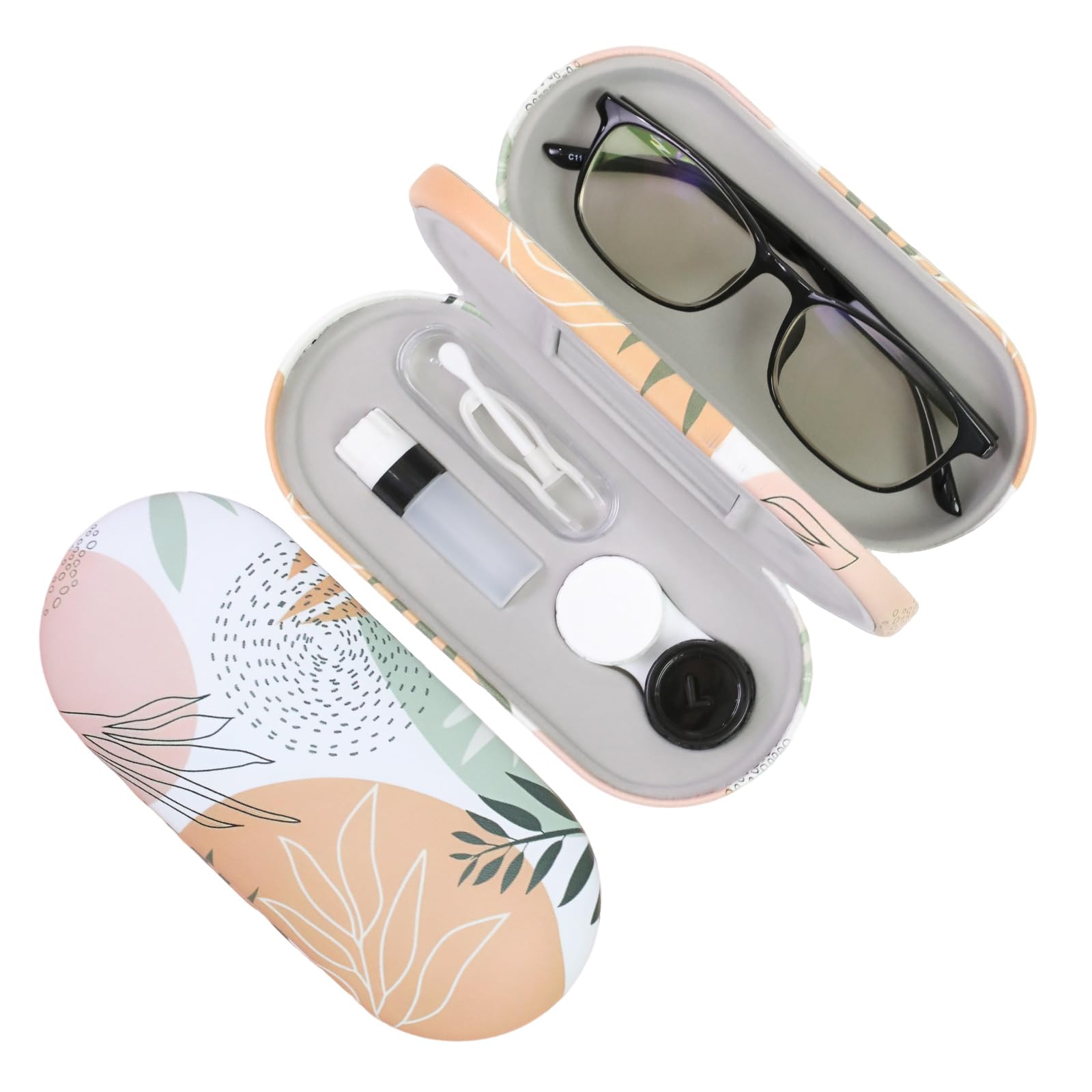 FlyingMage 2-in-1 eyeglasses and contact lens case with white leaf exterior, front view