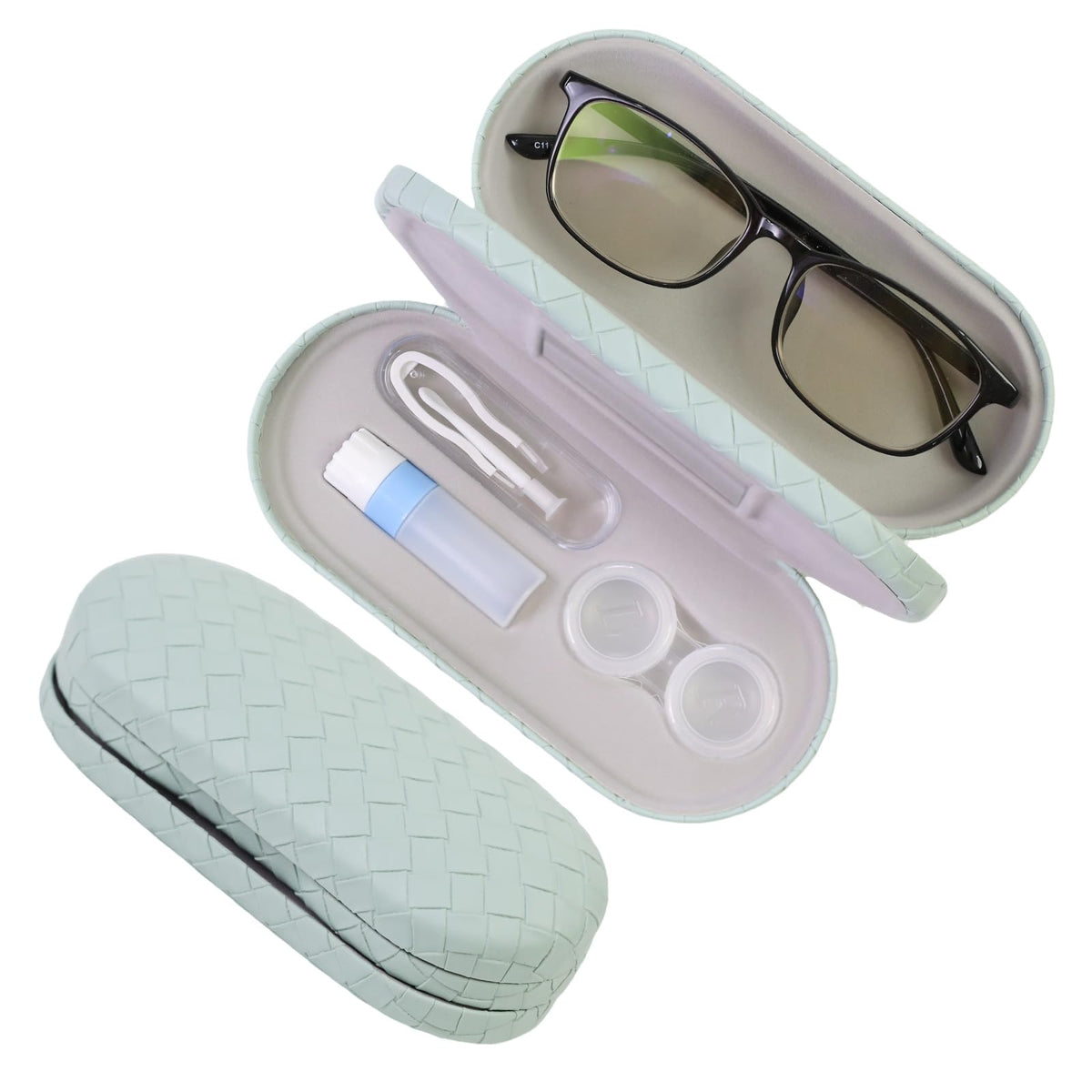 Front view of FlyingMage 2-in-1 glasses and contact lens case in green