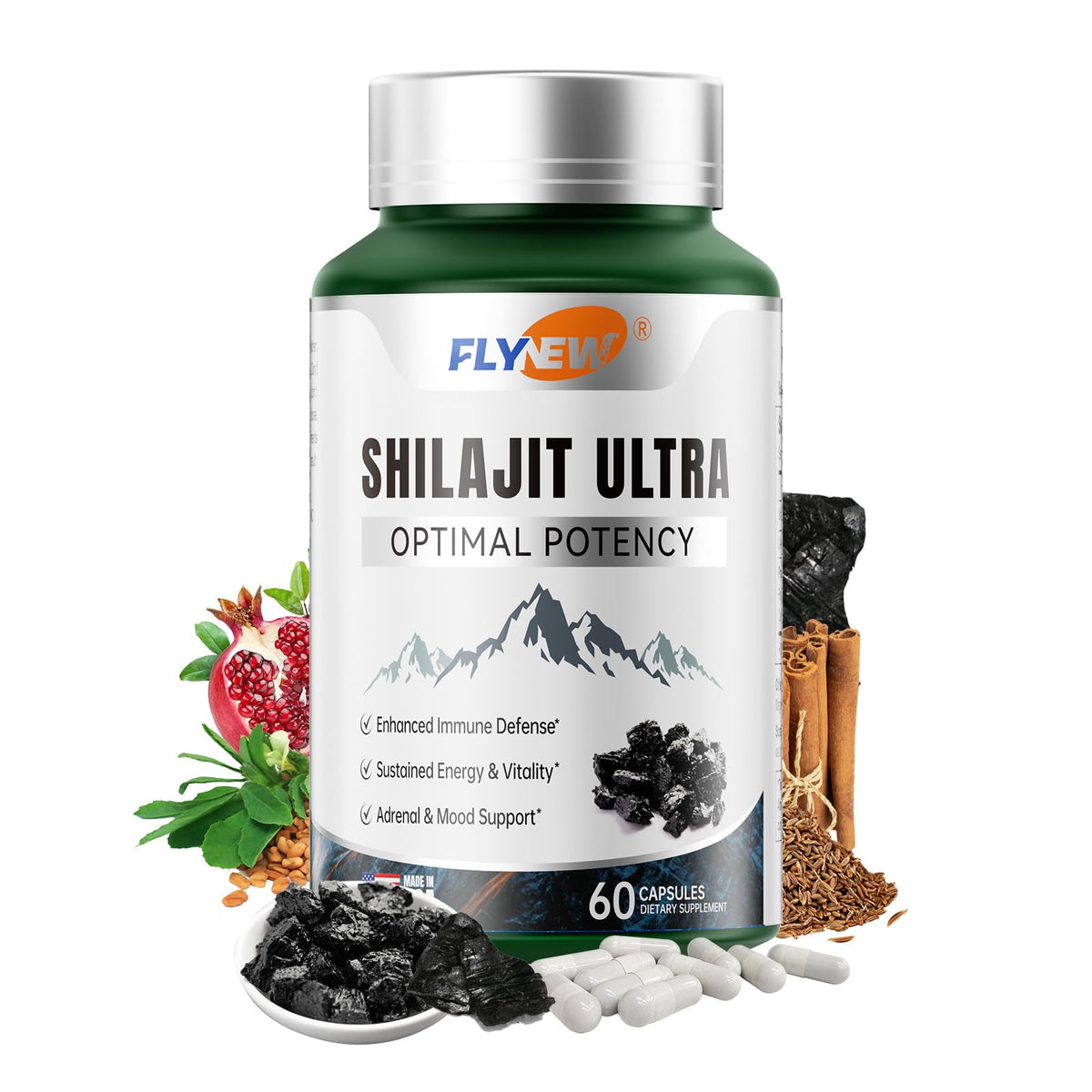 Flynew Shilajit bottle with 60 capsules