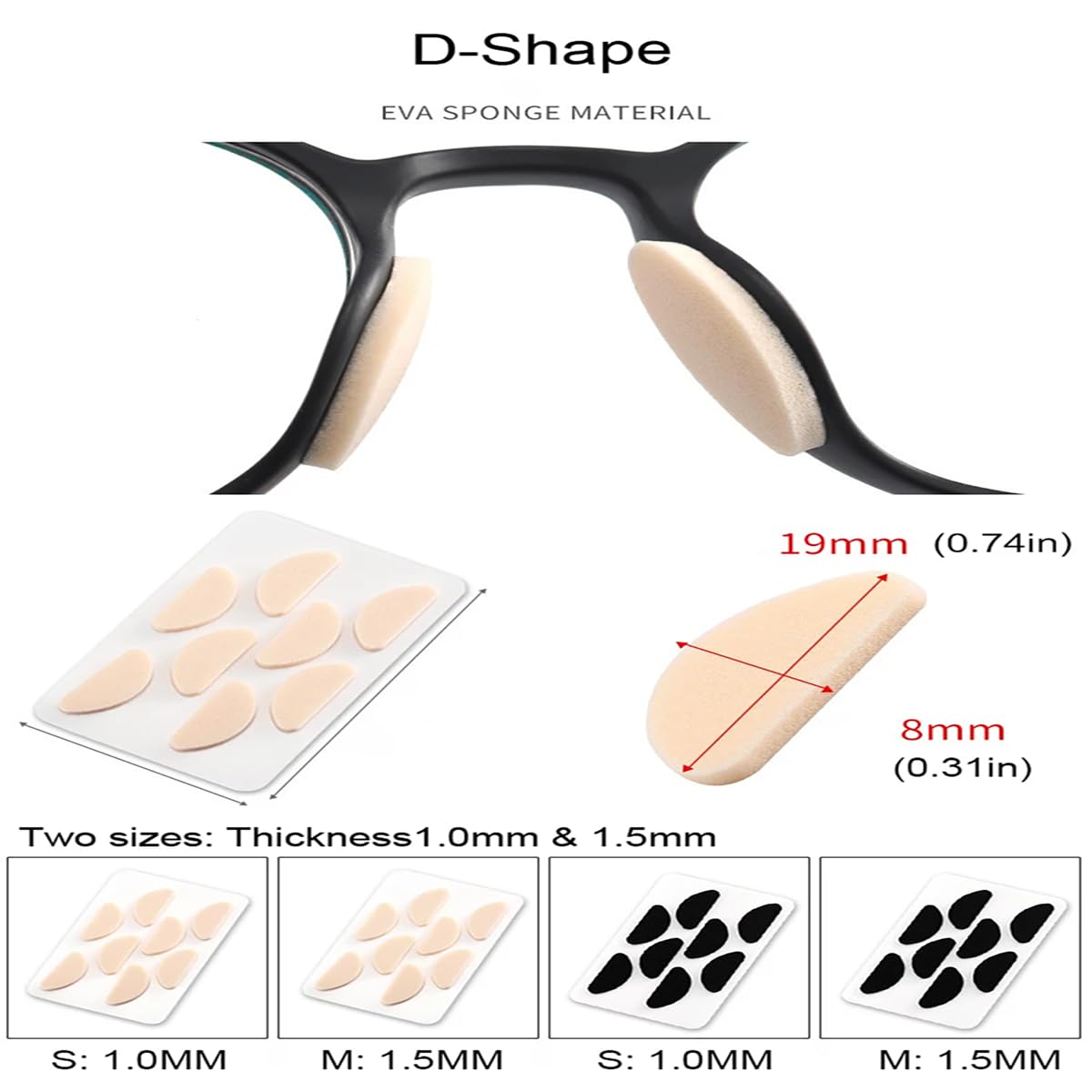 Three foam nose pad shapes: D-shaped, oval, waterdrop