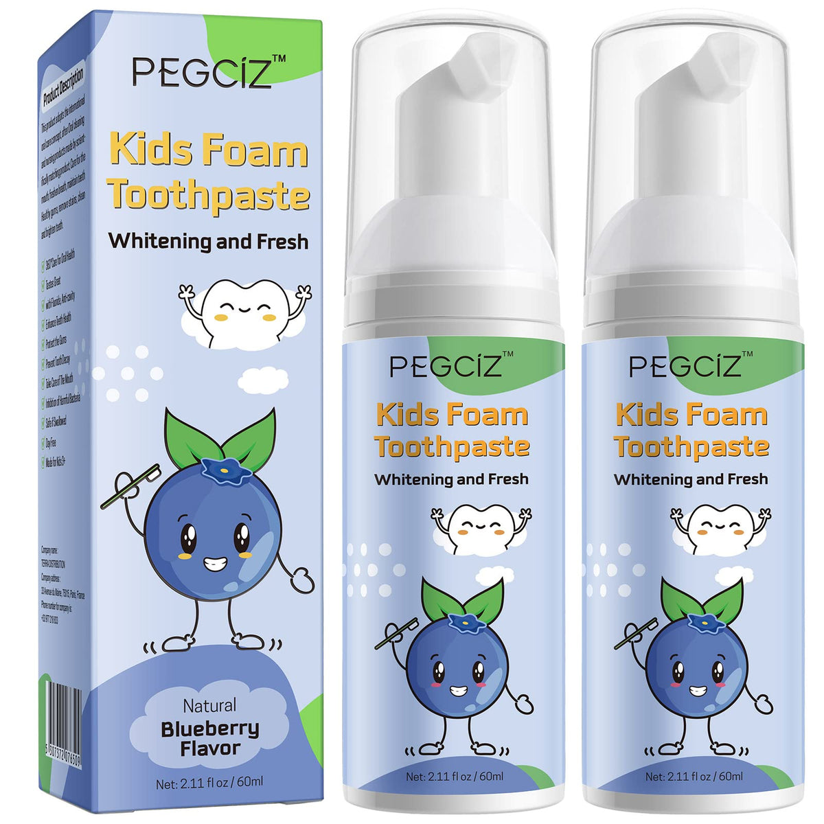 Two-pack of kids foam toothpaste in blueberry flavor