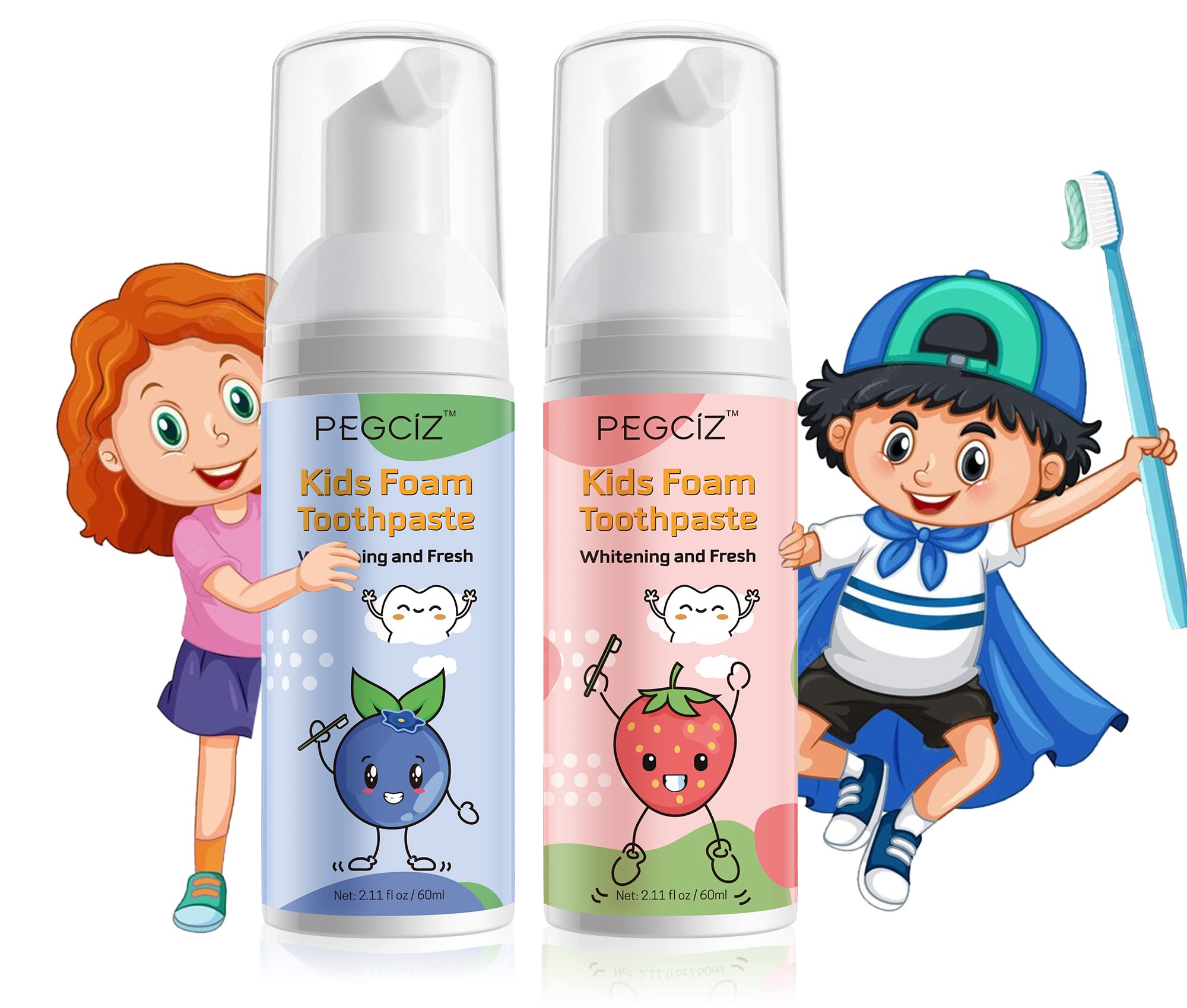 Foam toothpaste for kids with strawberry and blueberry flavor