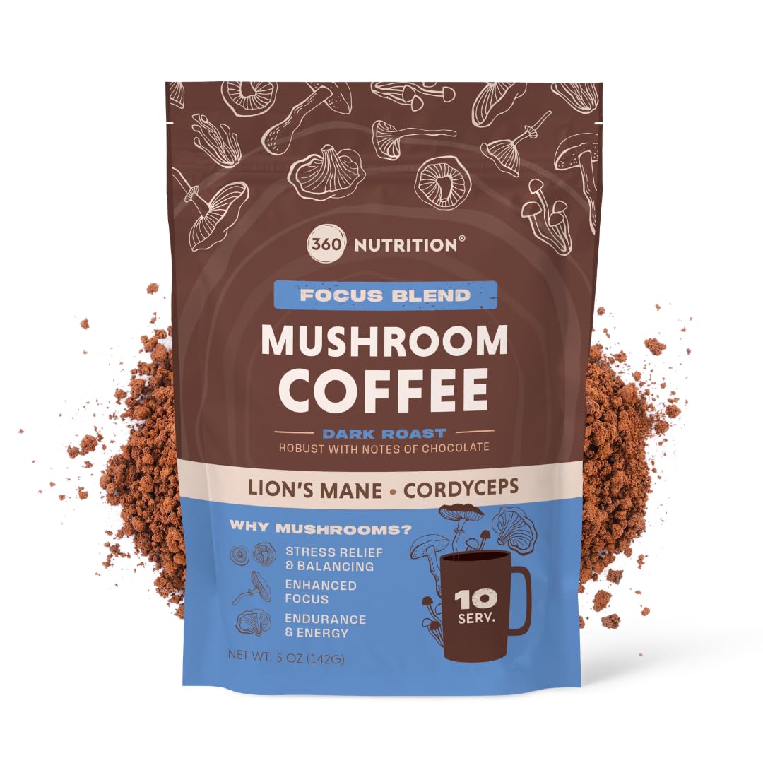 360 Nutrition Focus Blend instant mushroom coffee box and cup