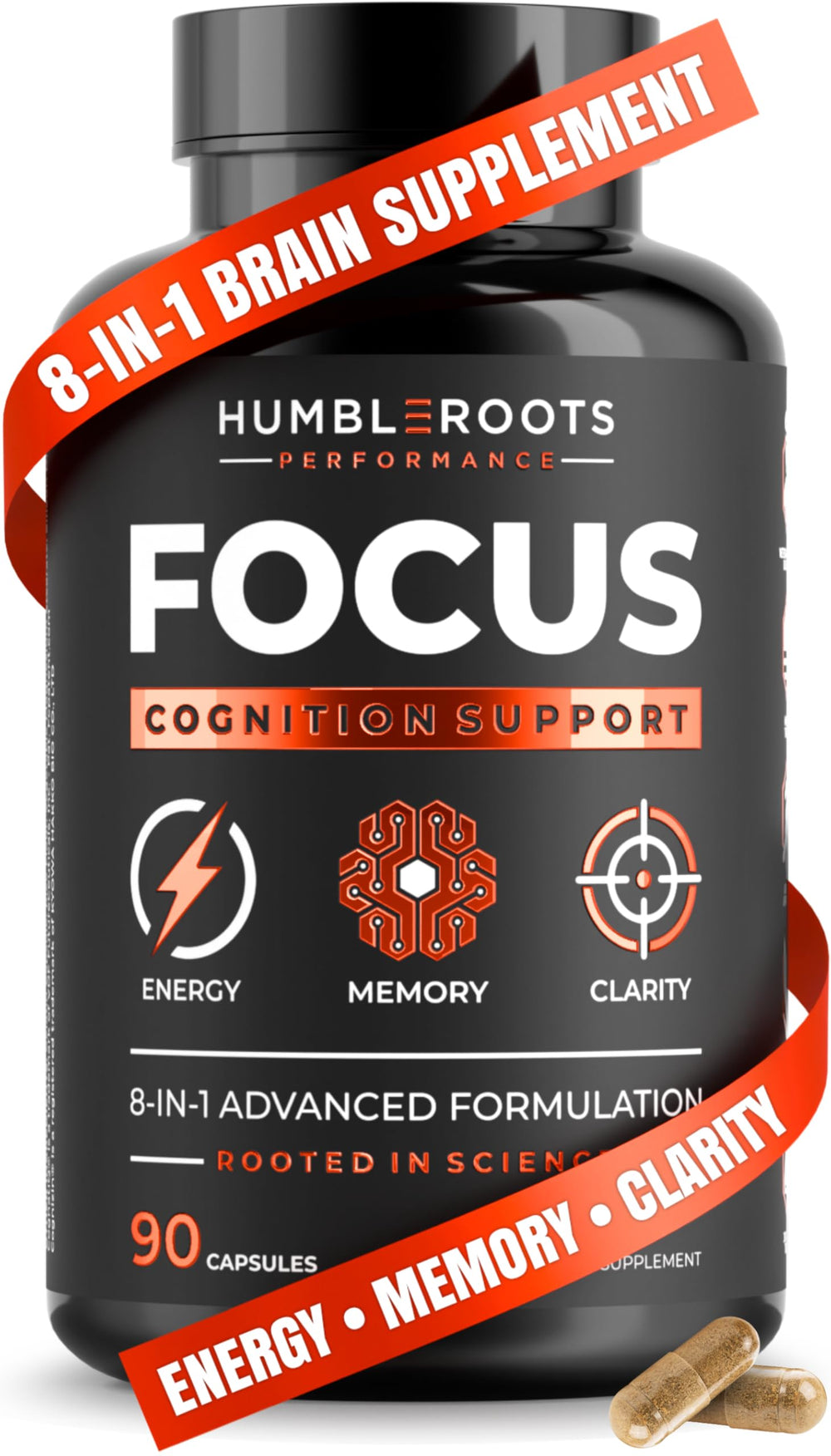 FOCUS by HUMBLEROOTS bottle with capsules on a clean white background