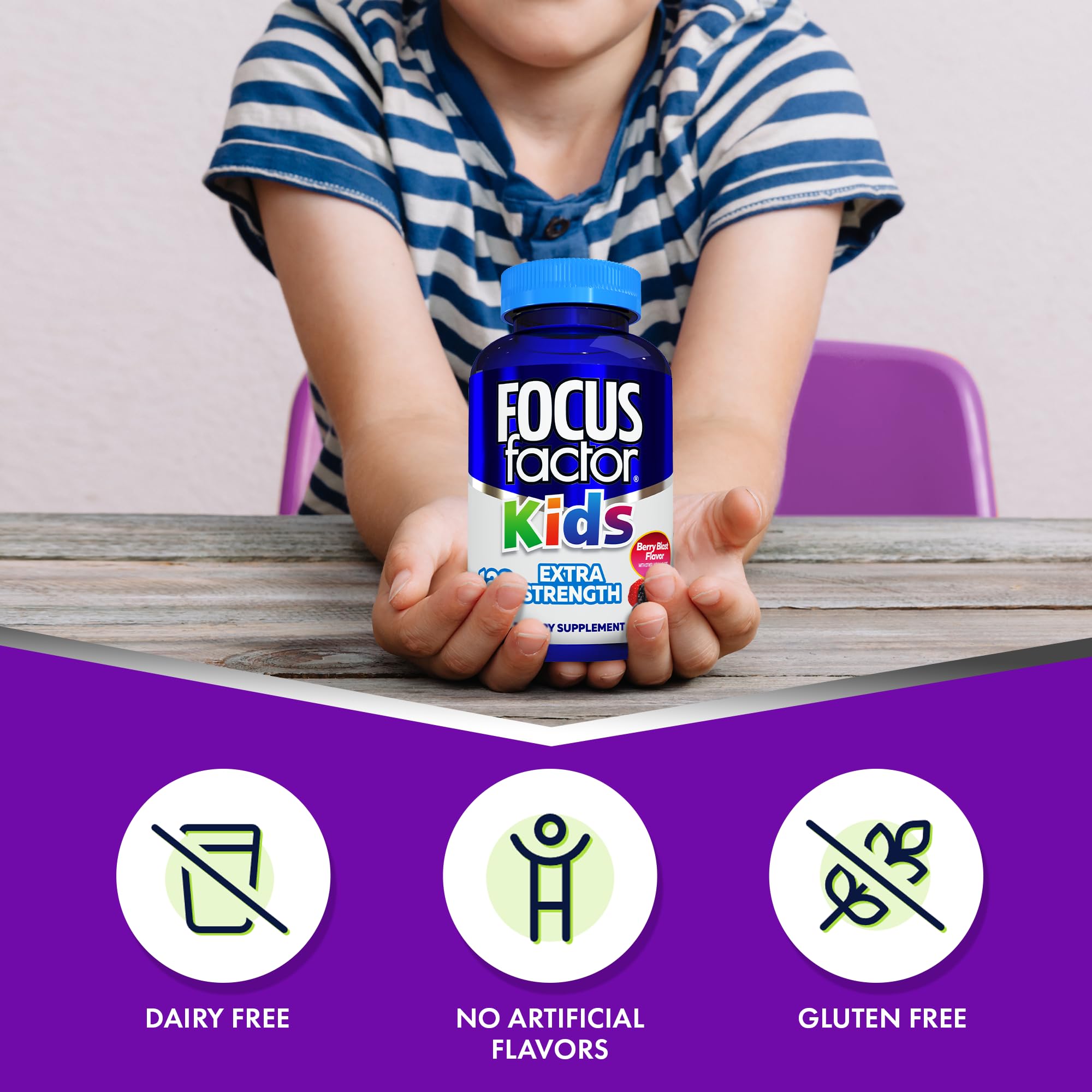 Gluten-free and dairy-free Focus Factor Kids packaging