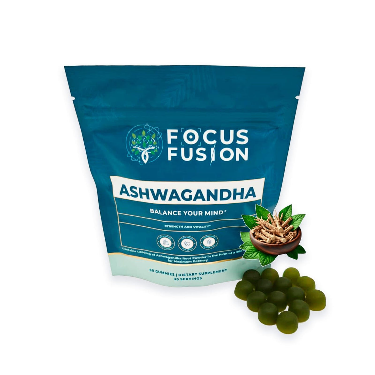 Hero shot of Focus Fusion Ashwagandha Gummies bottle with mixed berry flavor