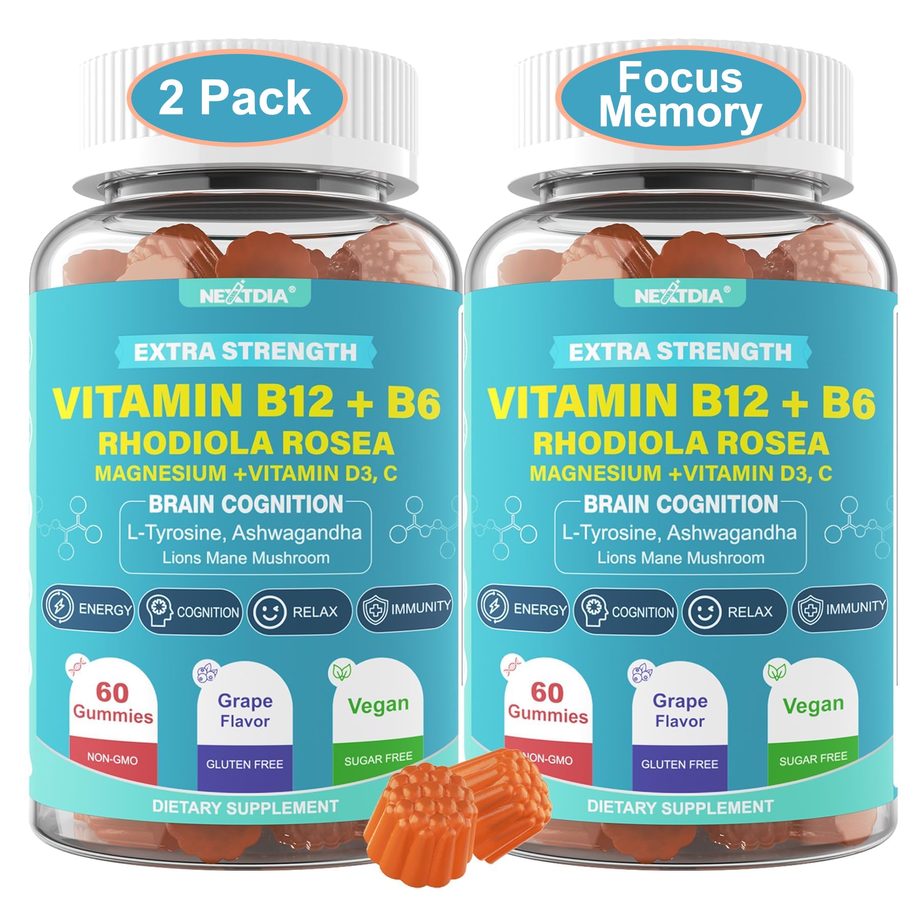 Front view of Focus Memory & Energy Gummies bottle