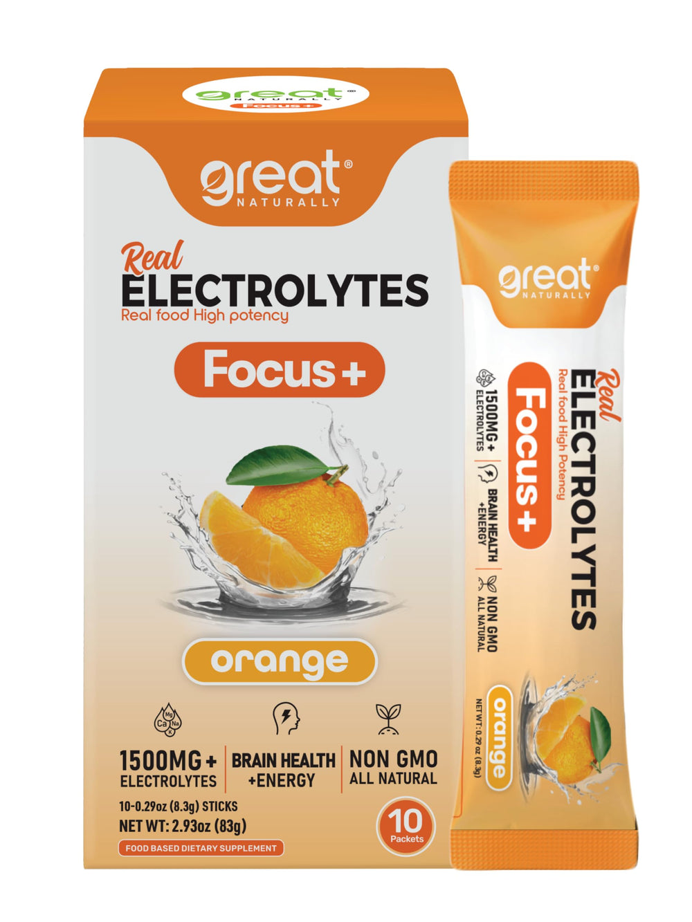Front of Focus+ Nootropic Electrolyte orange 10-pack box
