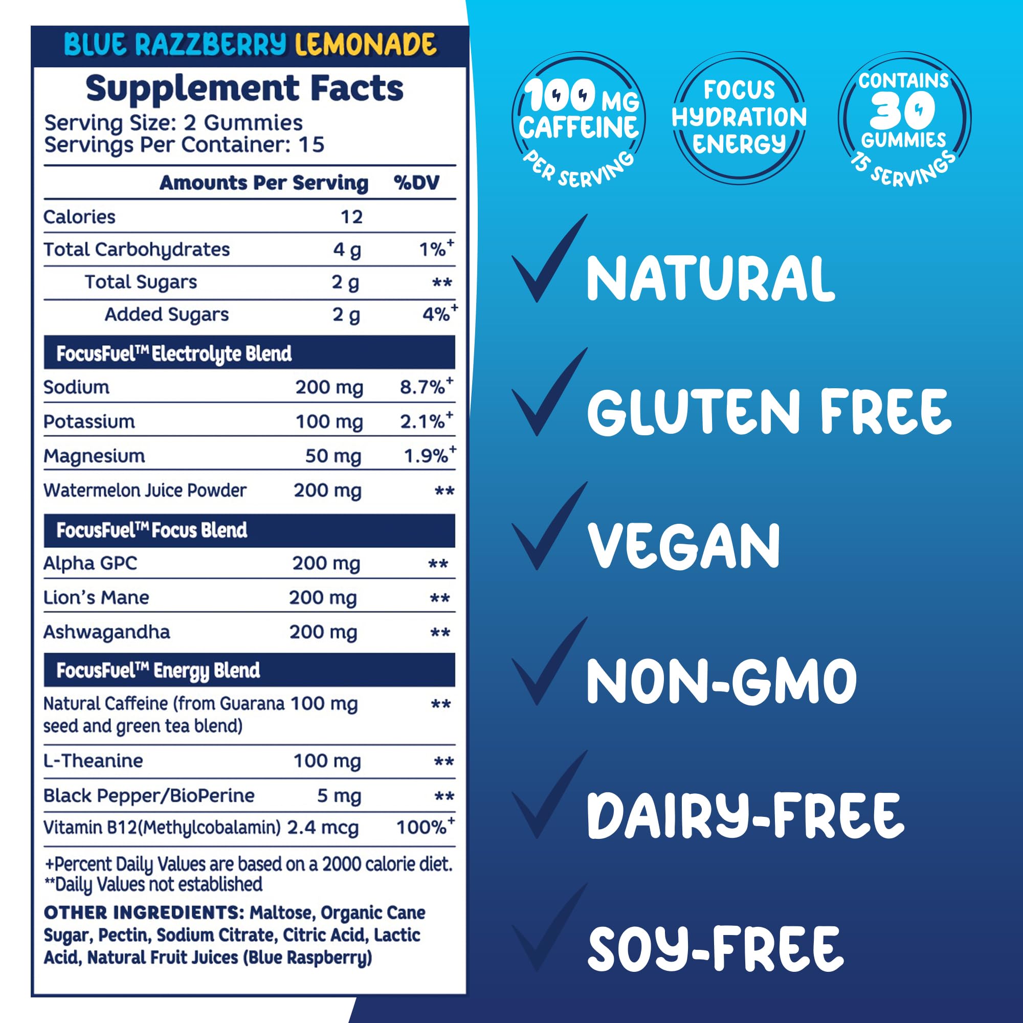 Back packaging showing nutrition facts for FocusFuel Energy Chews