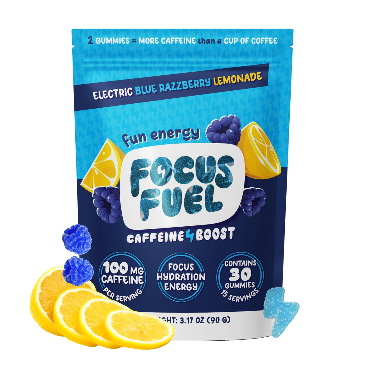 Front packaging view of FocusFuel Energy Chews Blue Razzberry Lemonade