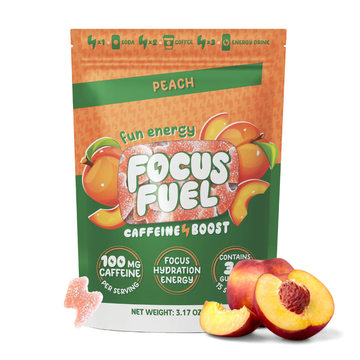 FocusFuel Peach Energy Chews packaging and bottle