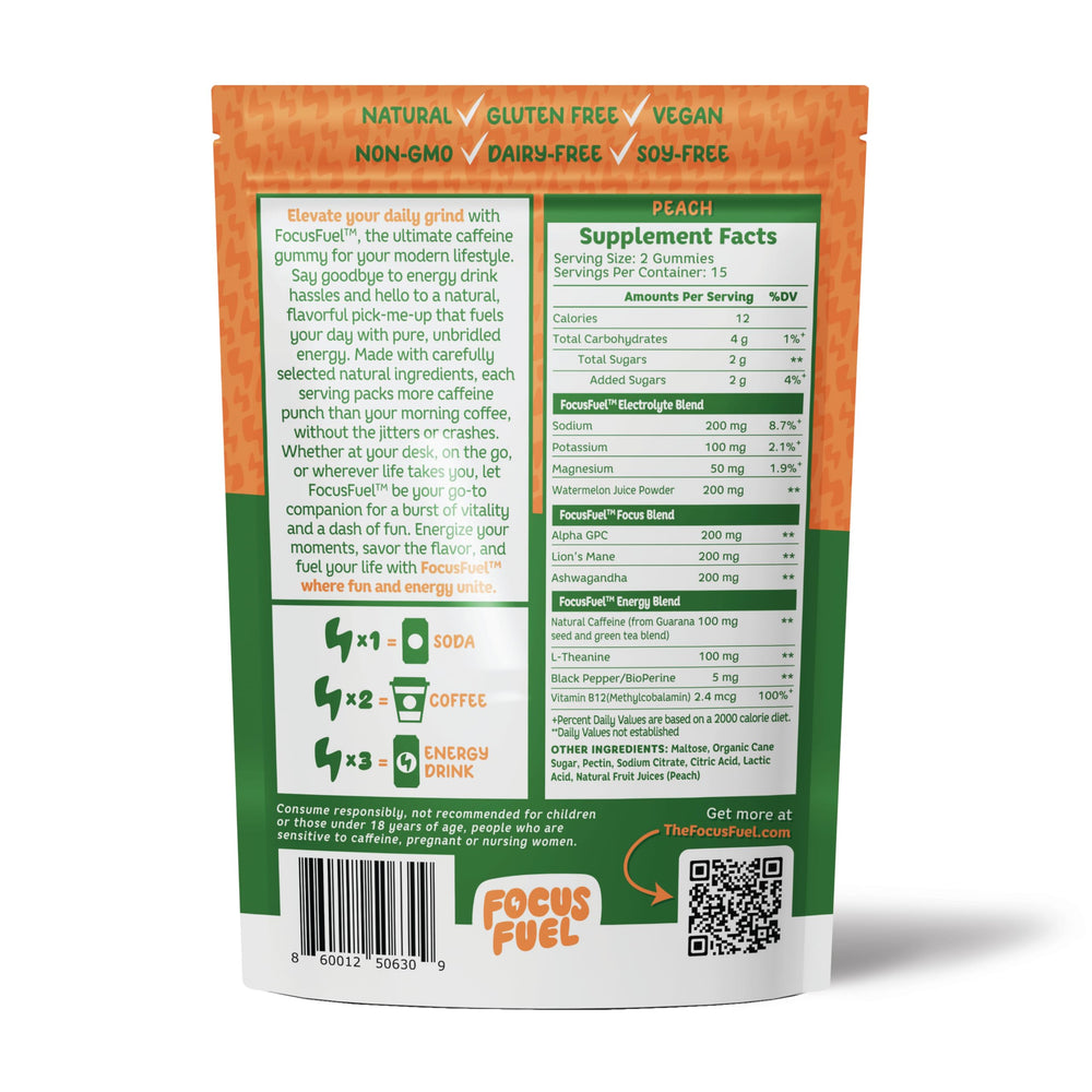 Assorted FocusFuel Peach Flavor Energy Chews pieces on surface