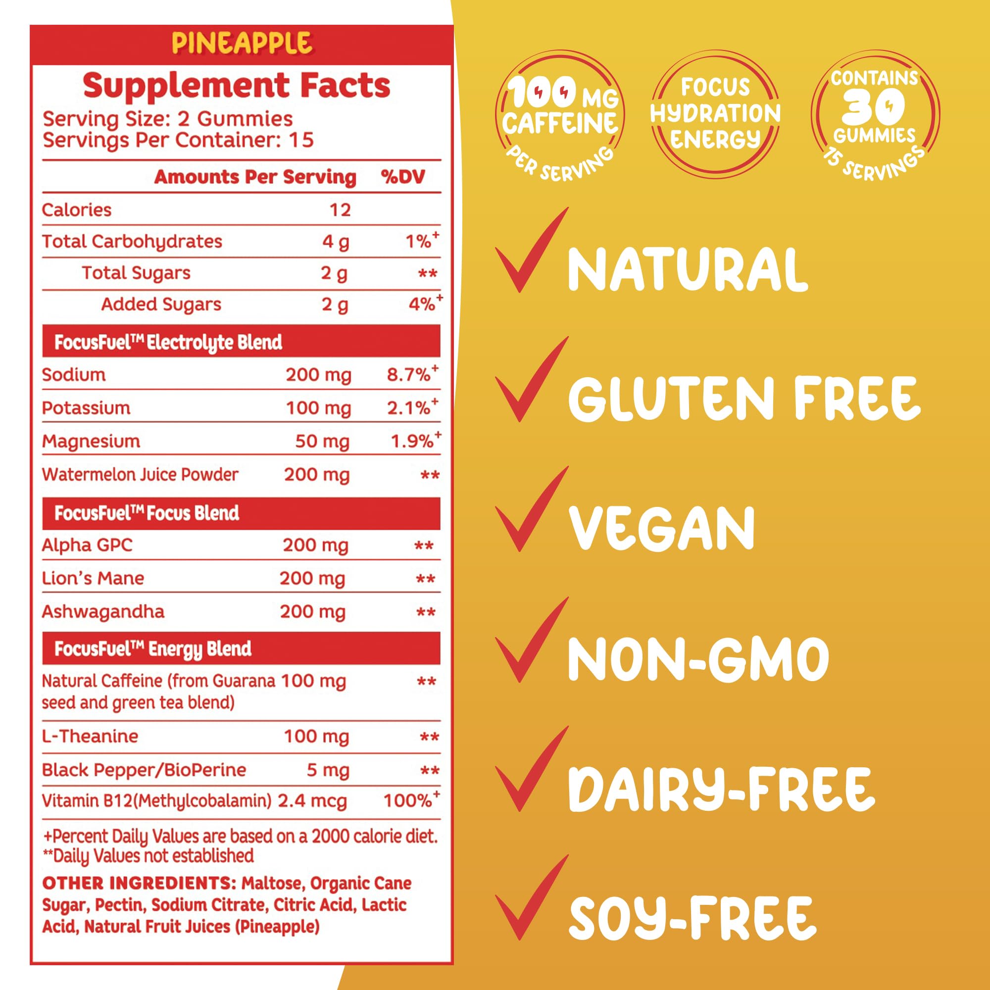 Close-up of ingredients panel for FocusFuel Pineapple Energy Chews