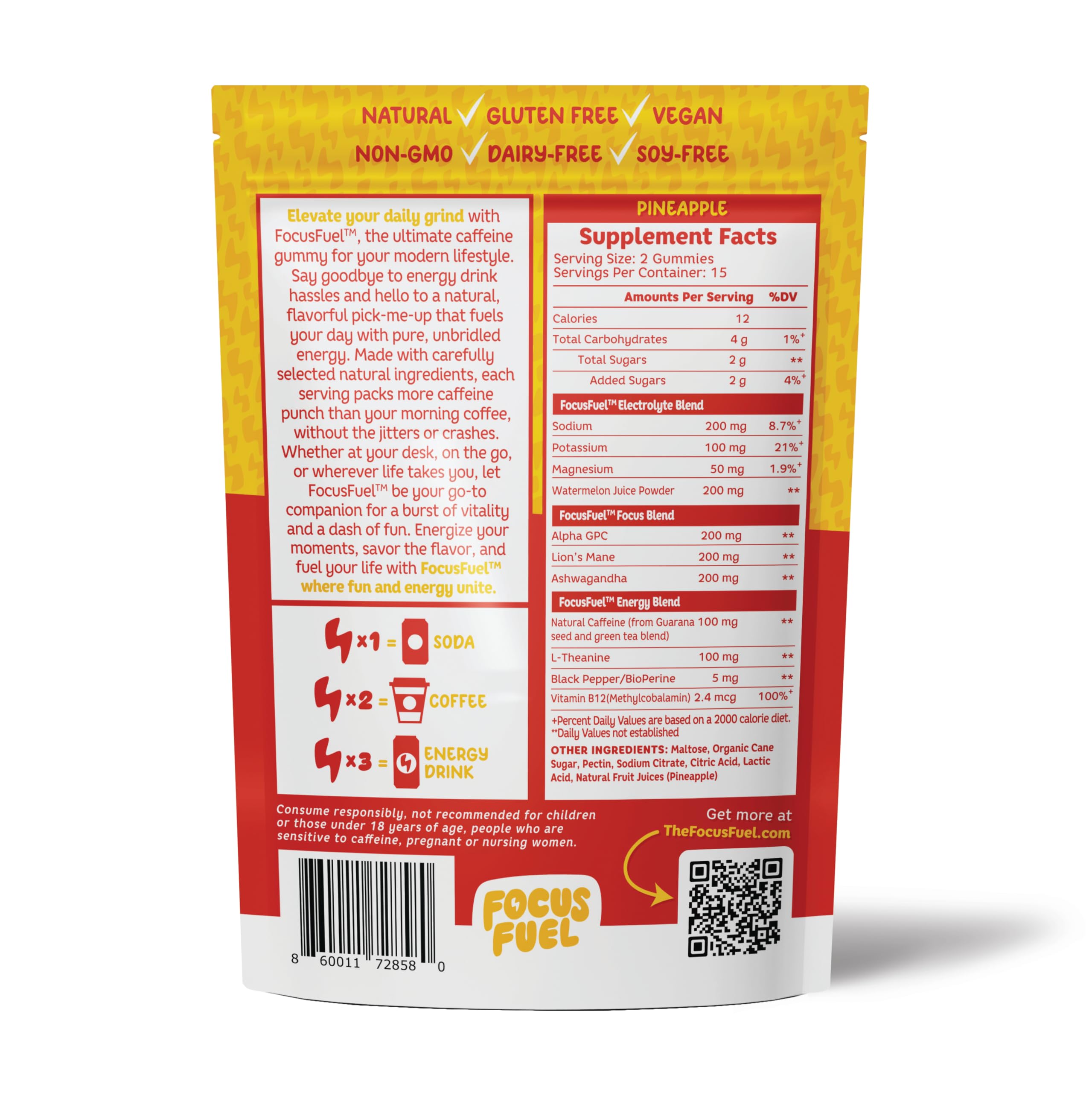 Package and bottle shot of FocusFuel Pineapple Energy Chews