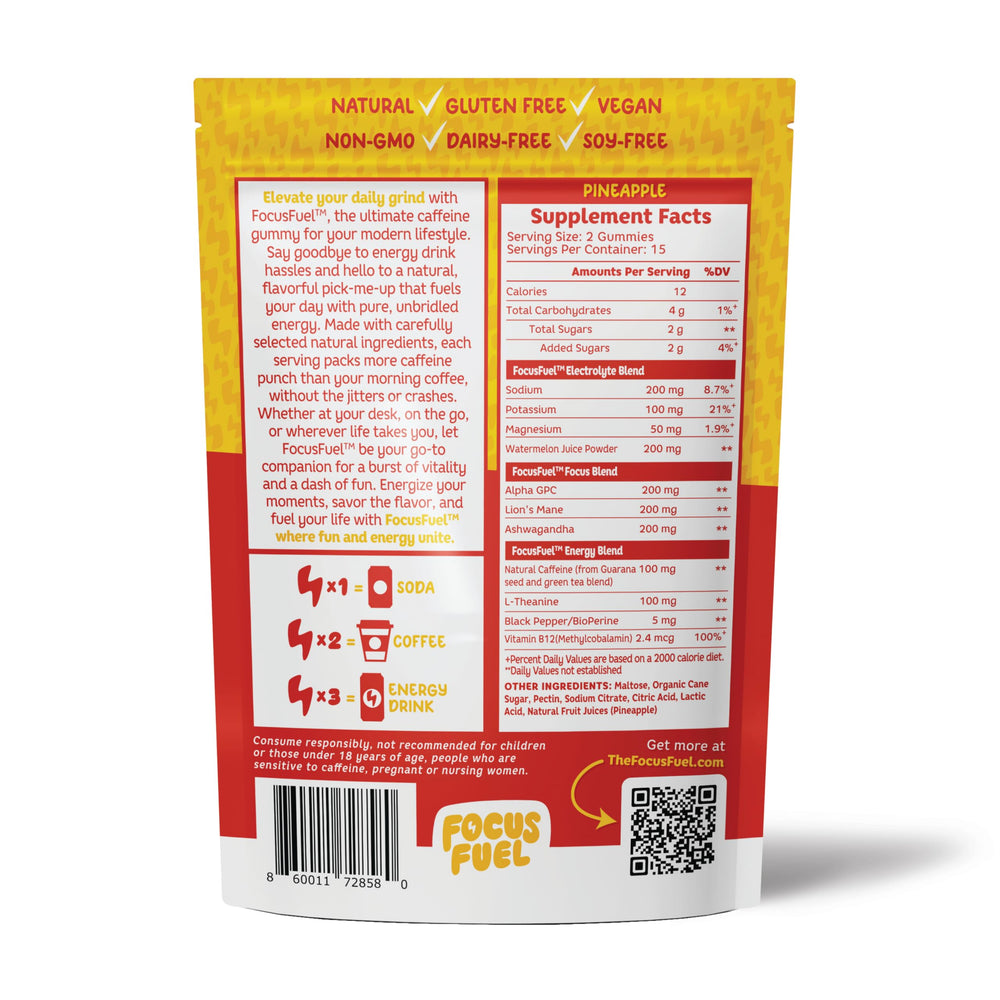 Package and bottle shot of FocusFuel Pineapple Energy Chews