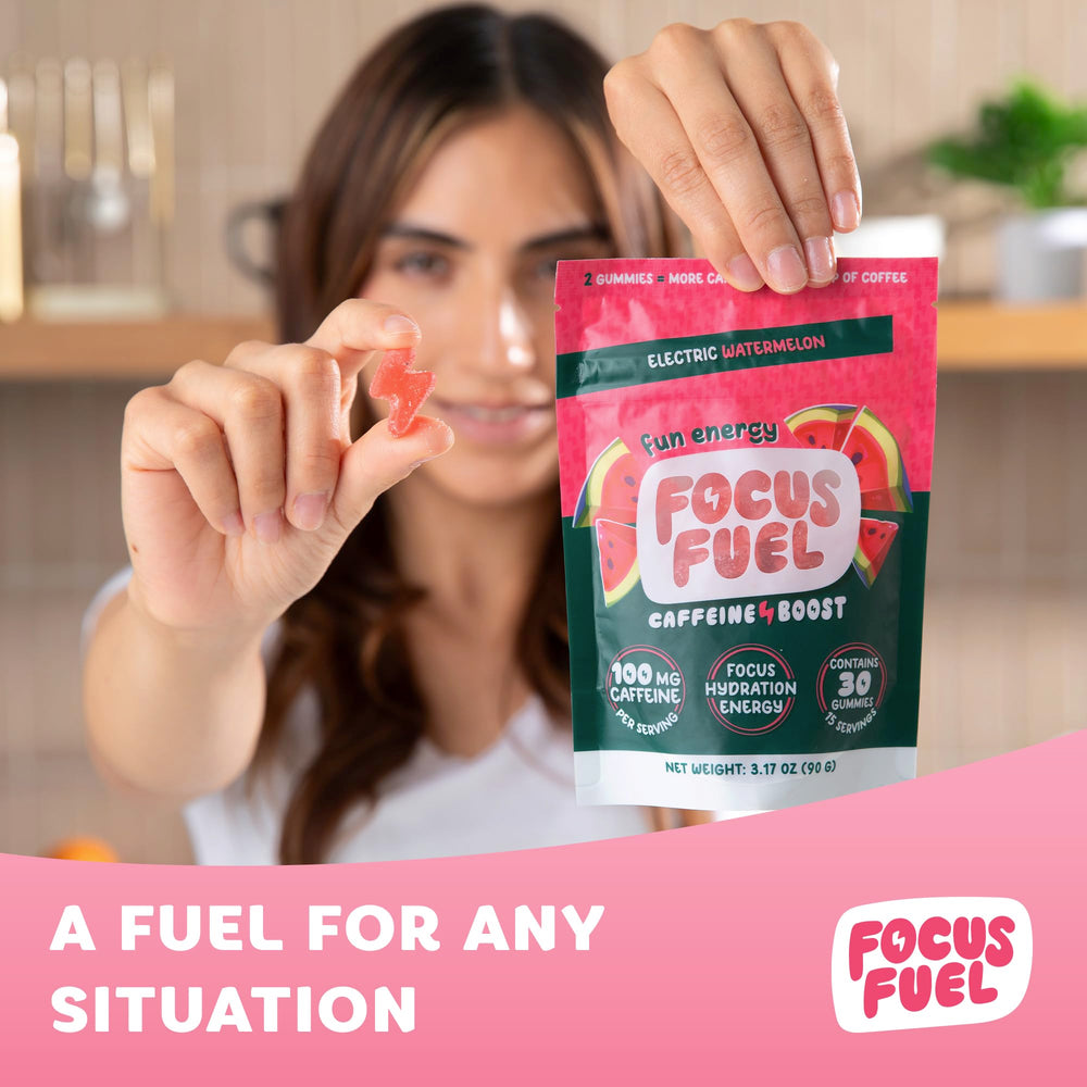 Close-up of a FocusFuel Watermelon Energy Chew.