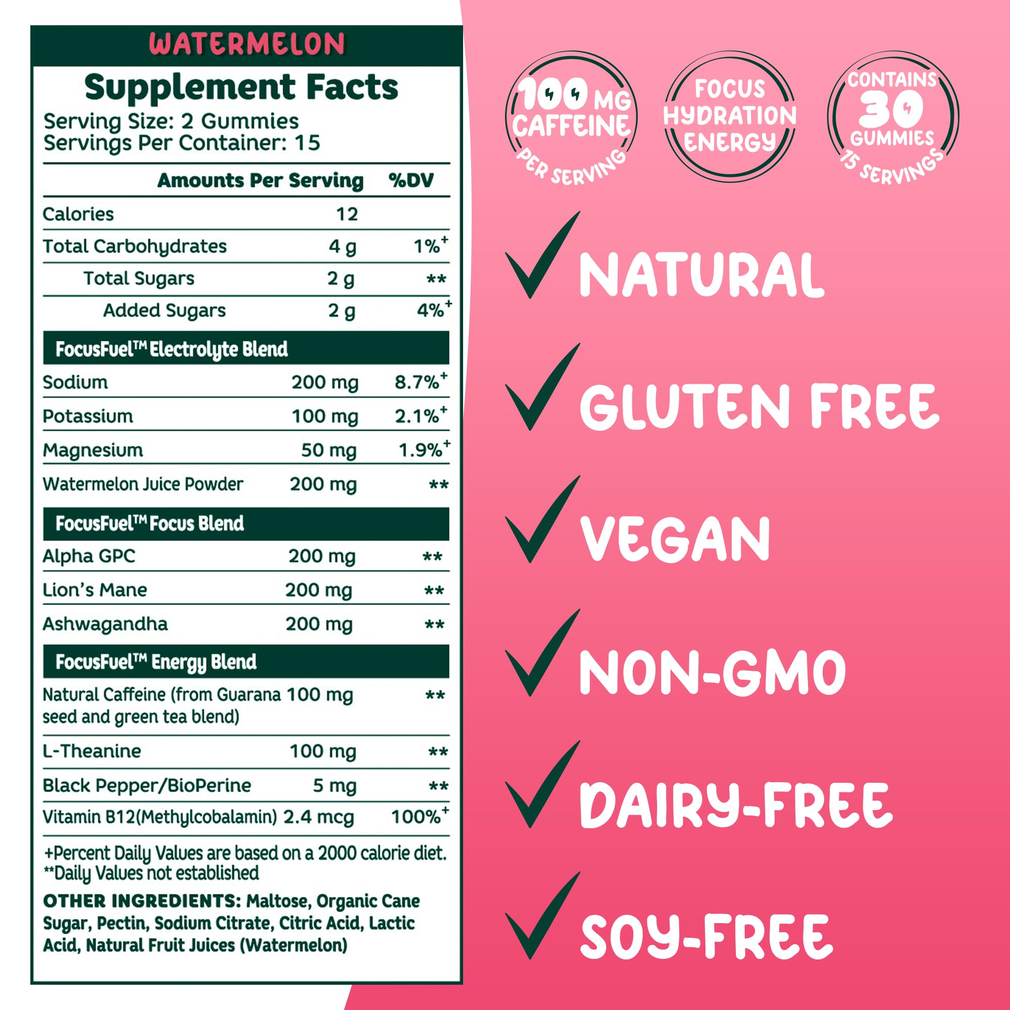 Back packaging with nutrition facts of FocusFuel Watermelon Energy Chews.