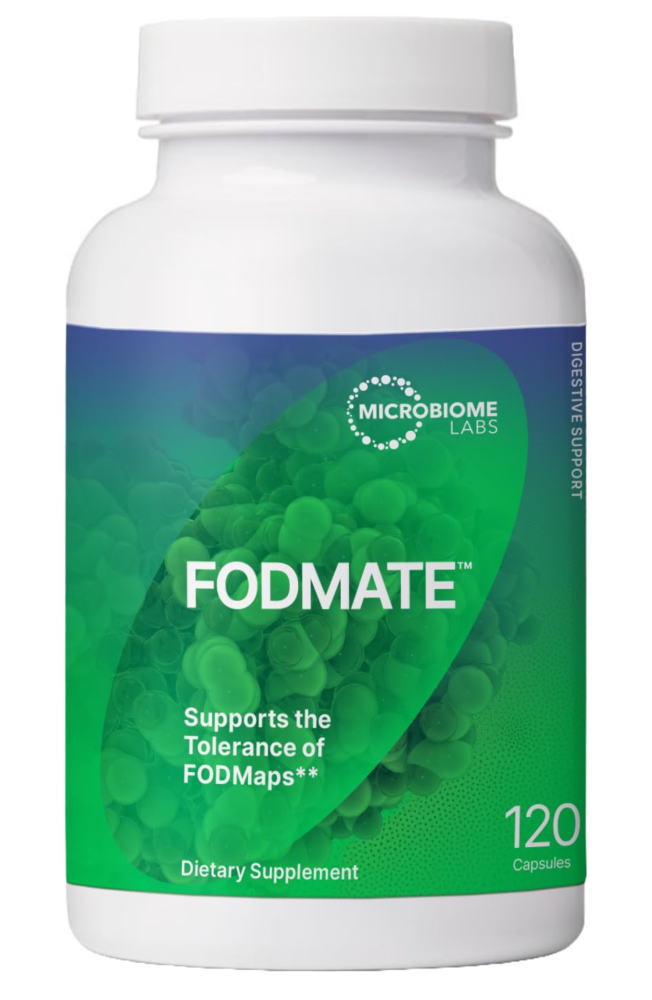Bottle of Microbiome Labs FODMATE Digestive Enzymes 120 capsules