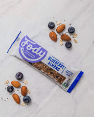 Fody blueberry-almond snack bar crunchy-texture — crisp bite with real fruit flavor.