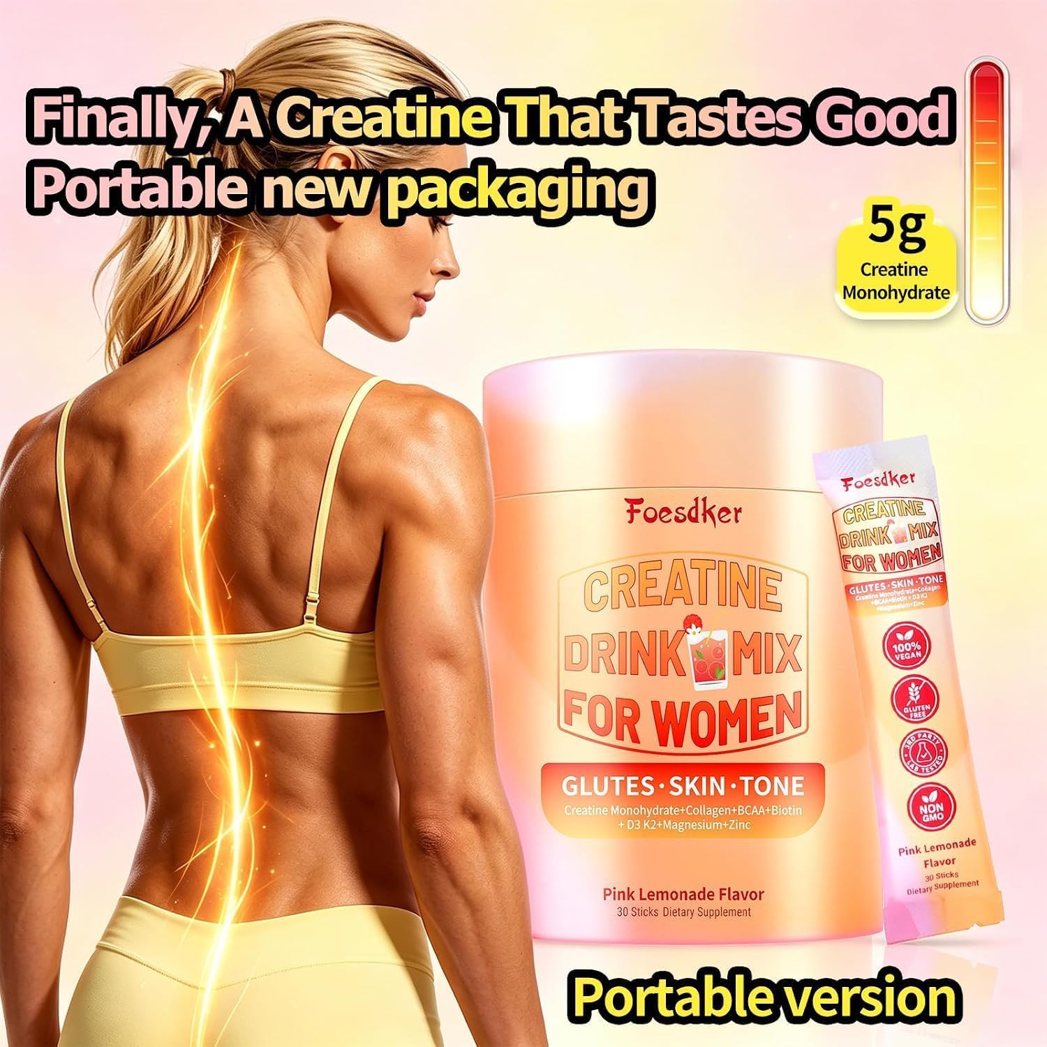 Foesdker stick beside measuring scoop showing exact 5,000 mg creatine serving