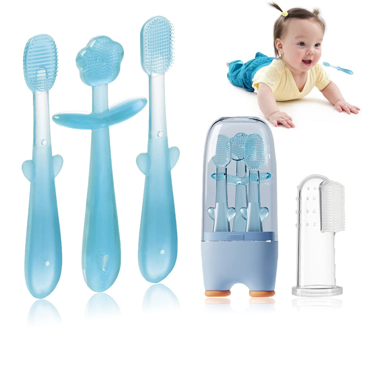 FOKiiBO Baby Silicone Toothbrush Set in blue with cup and accessories