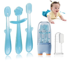 FOKiiBO Baby Silicone Toothbrush Set in blue with cup and accessories