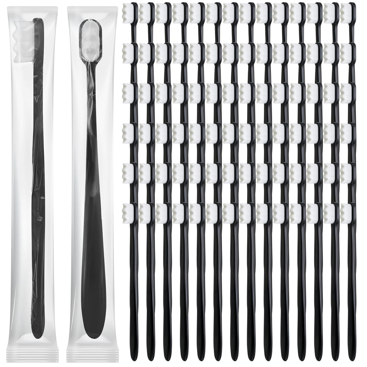 FoldTier 100 piece nano toothbrush bulk pack in black and white, front view