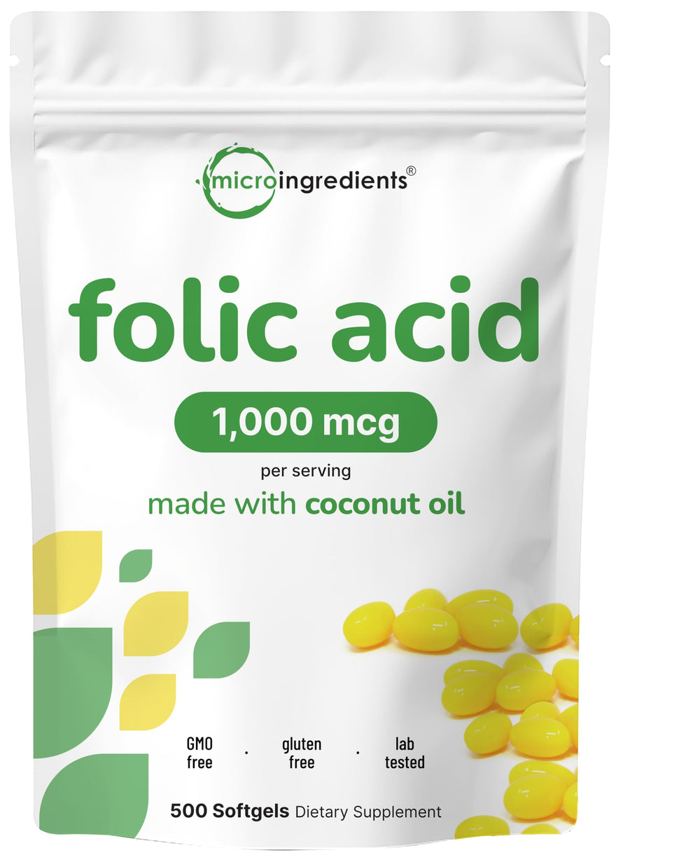 Folic acid 1000 mcg softgels with coconut oil carrier, 500 count