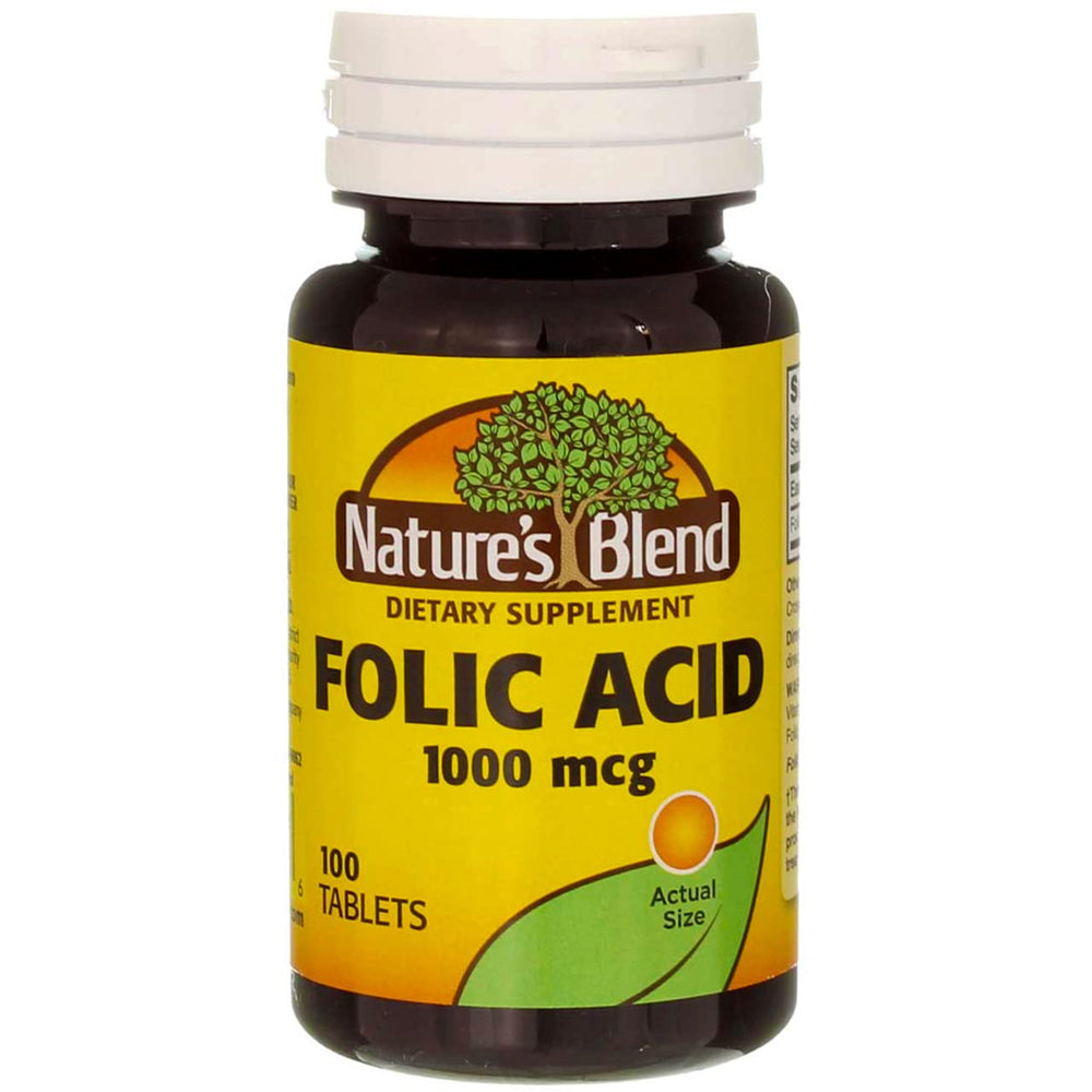 Front view of Nature's Blend Folic Acid 1000mcg Tablets bottle (2 Pack)