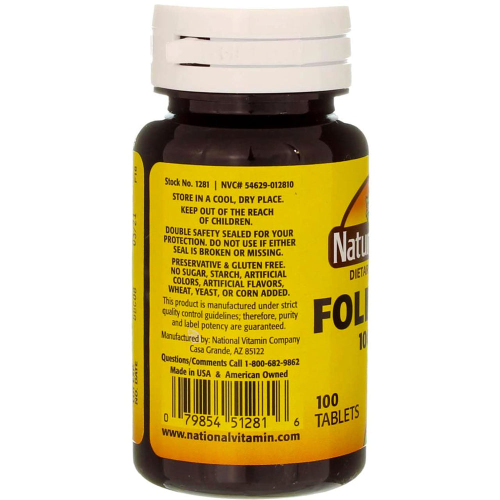 Close-up of the Nature's Blend Folic Acid 1000mcg Tablets label