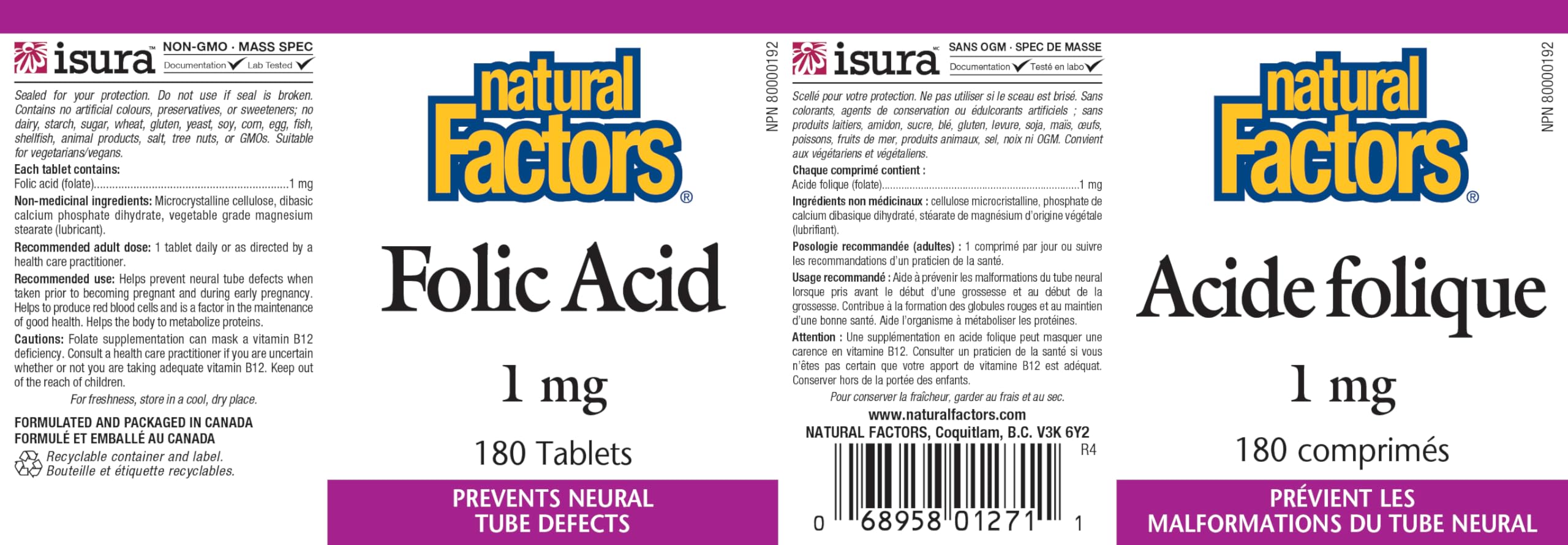 Front packaging of Natural Factors Folic Acid 1mg (180 tablets)