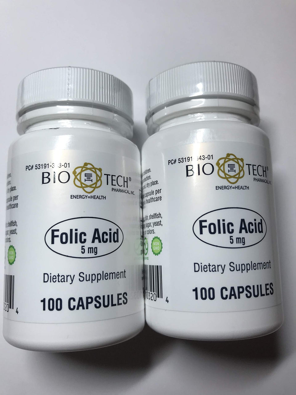 BioTech Pharmacal Folic Acid 5mg bottle – 100 capsules per bottle, pack of 2
