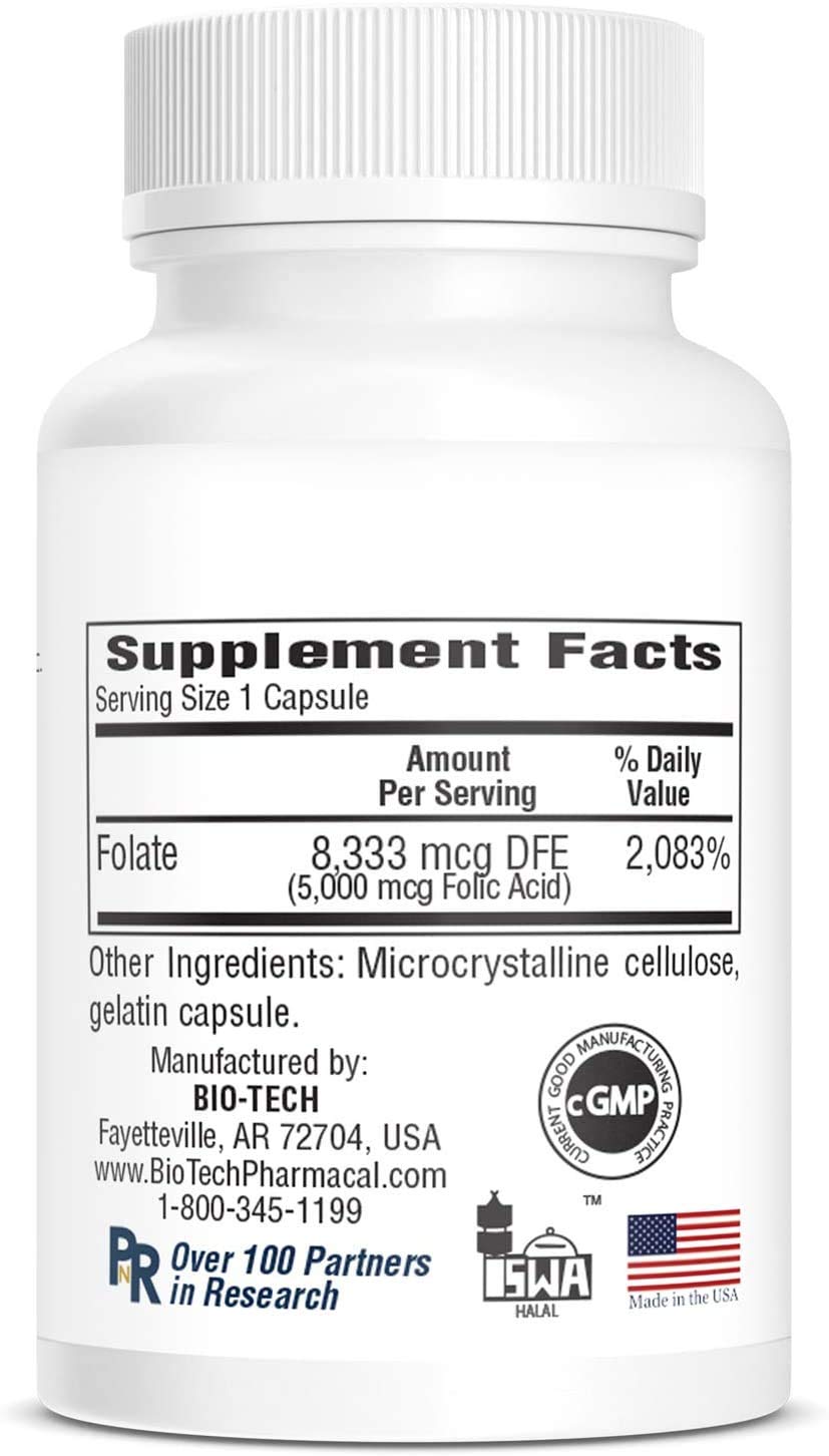 Front packaging of BioTech Pharmacal Folic Acid 5mg 100 capsules (pack of 2)