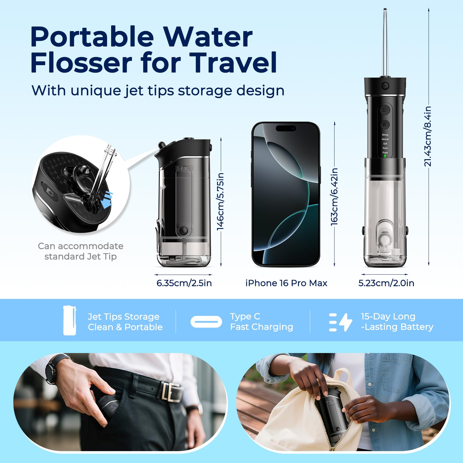 Compact folded design of FOMIS water flosser in black