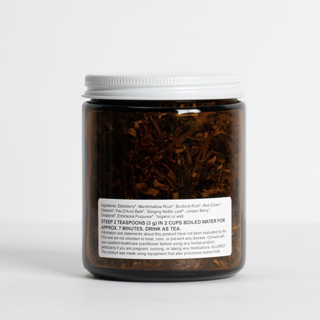 Herbal ingredients of the detox tea including elderberry, burdock root and juniper