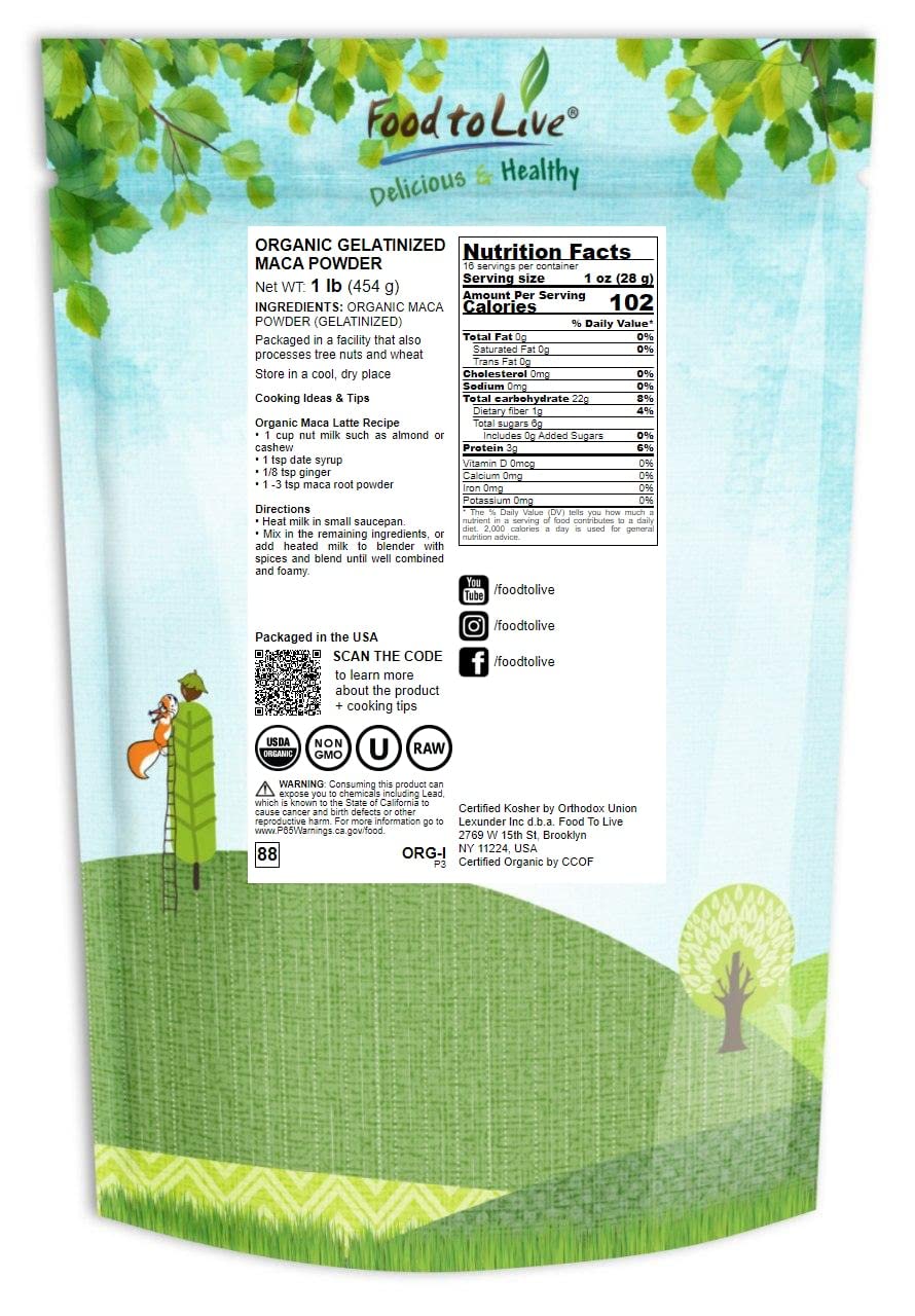 Back label with ingredients and nutrition facts of Food to Live Maca Powder 1 lb