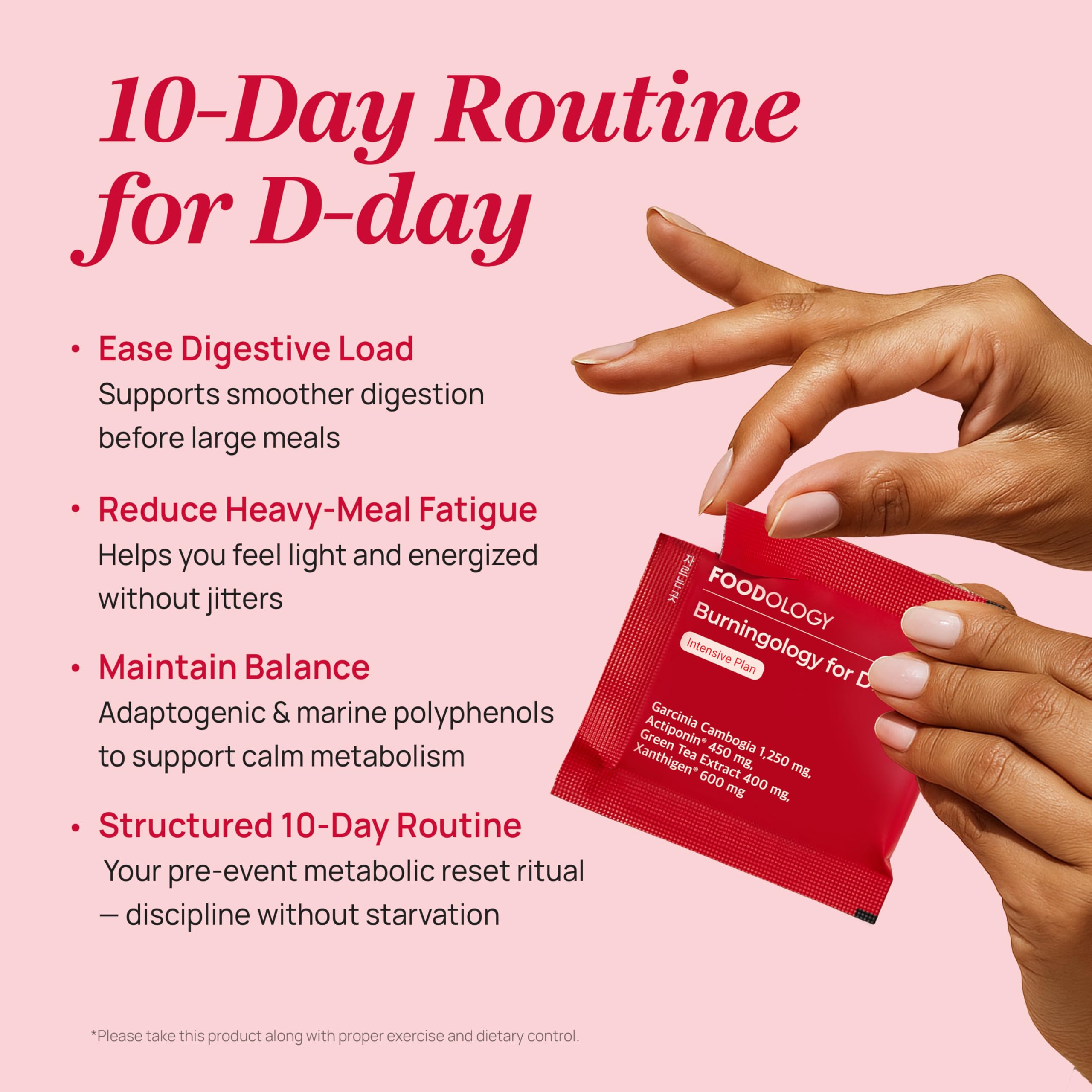 FOODOLOGY Burningology D-Day sachet shows convenient single-dose daily support after meals.