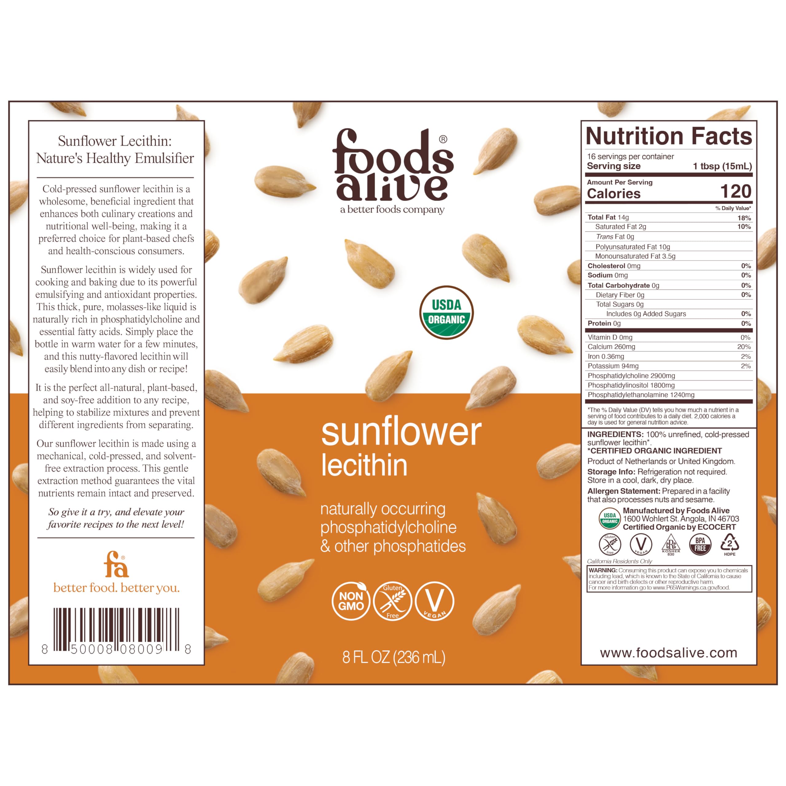 Label close-up showing Organic, Non-GMO, Gluten-Free, Vegan and Kosher claims