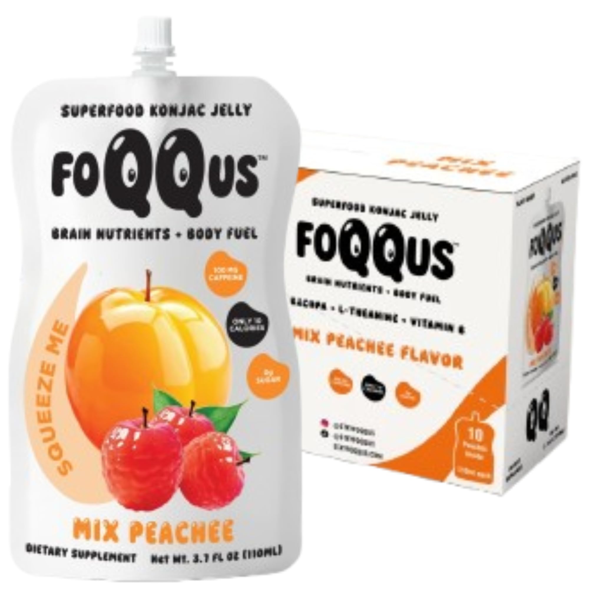 FOQQUS Peach Lychee Konjac Jelly packaging highlights keto-friendly, low-calorie snack option